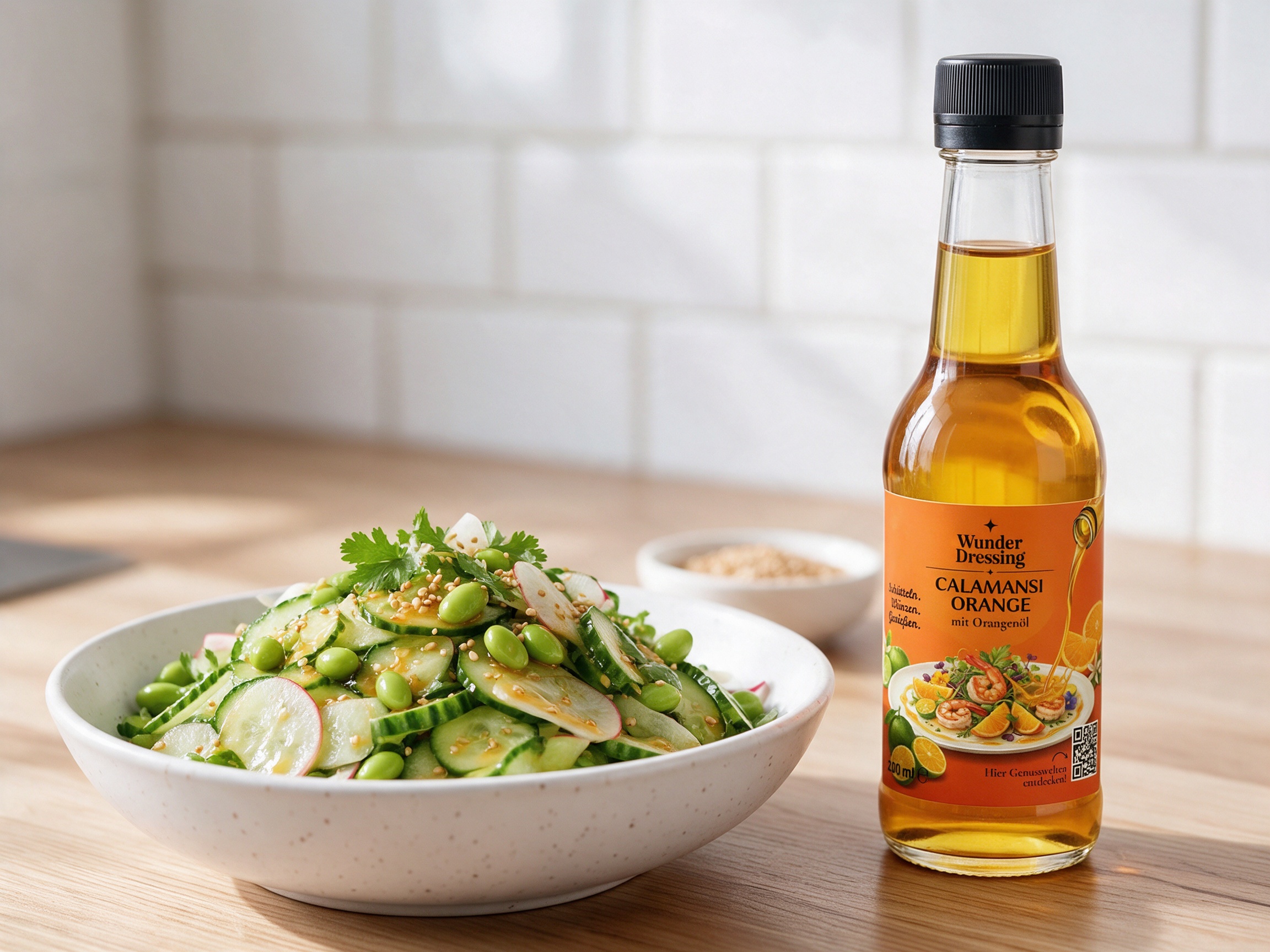 Asia-Gurken-Salat mit Edamame – serviert mit Wunder Dressing Calamansi Orange