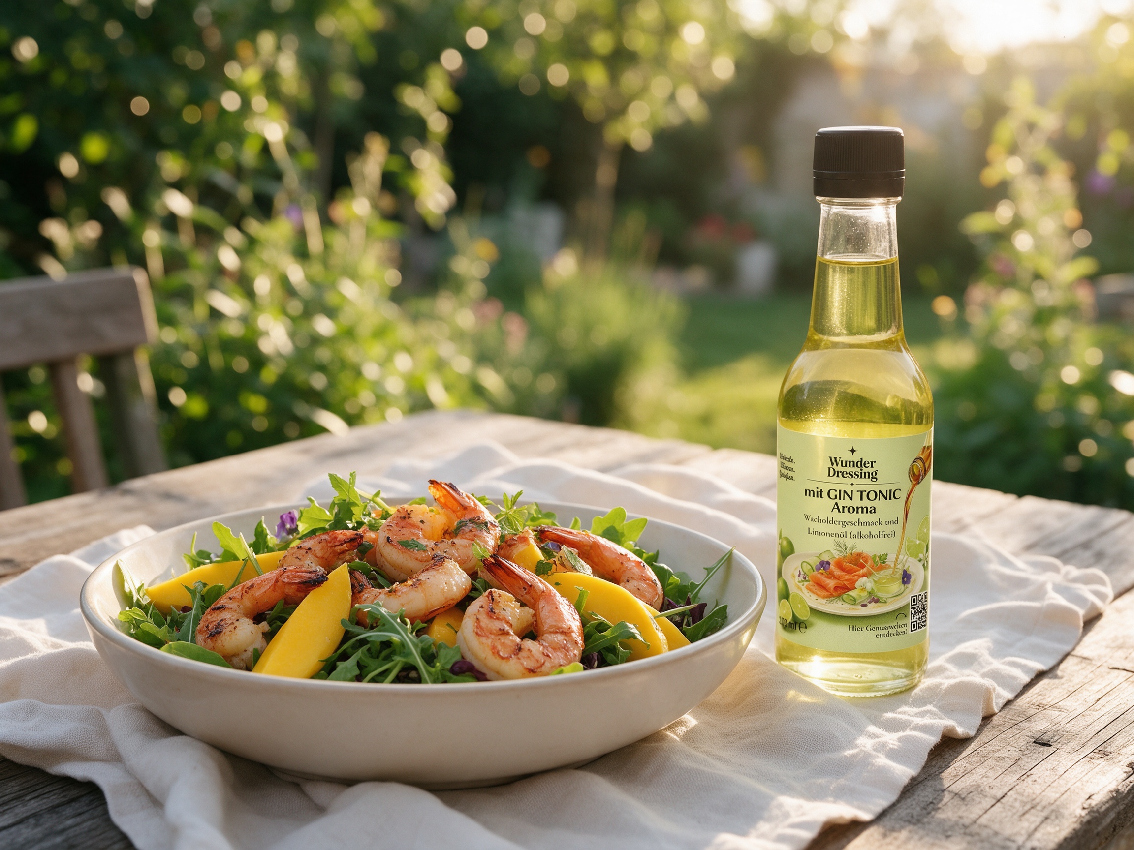 Blattsalat mit Garnelen, Mango und Avocado – serviert mit Wunderdressing mit GIN TONIC Aroma