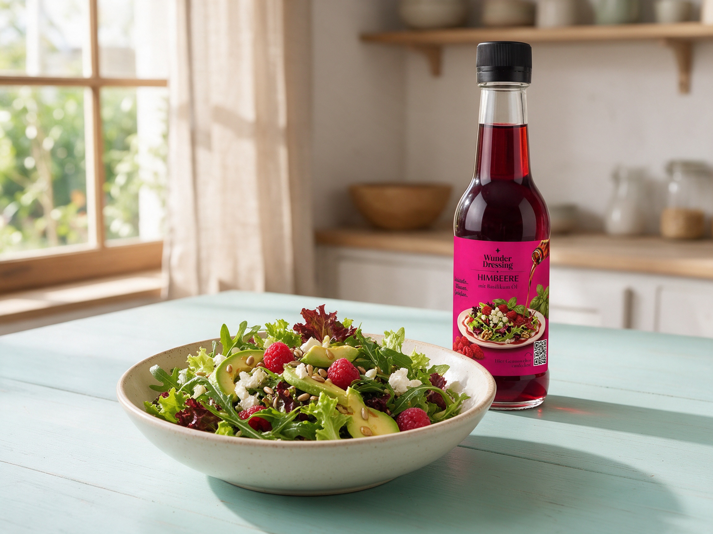 Blattsalat mit Himbeeren, Avocado und Feta – serviert mit Wunder Dressing Himbeere-Basilikum