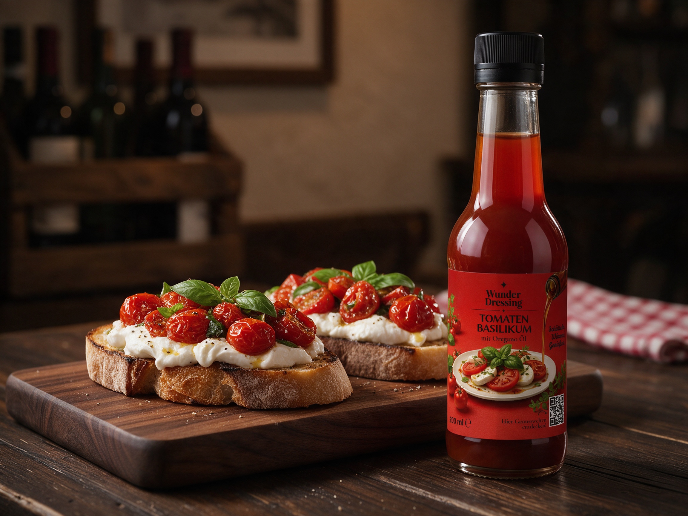 Bruschetta mit Burrata und Ofentomaten – serviert mit Wunder Dressing Tomaten-Basilikum