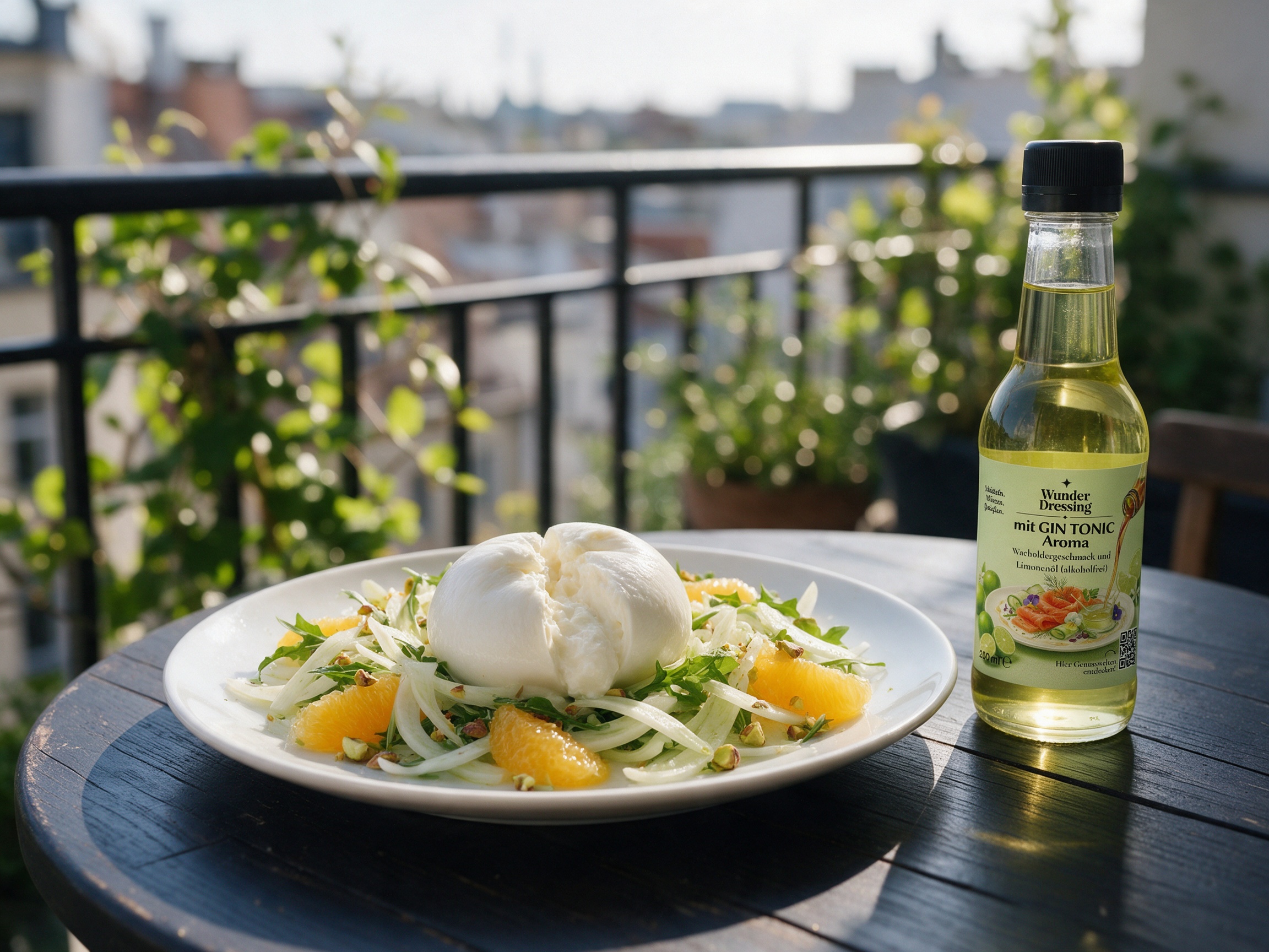 Burrata mit Fenchel, Orange und Gin-Tonic-Dressing, serviert mit Wunderdressing mit GIN TONIC Aroma