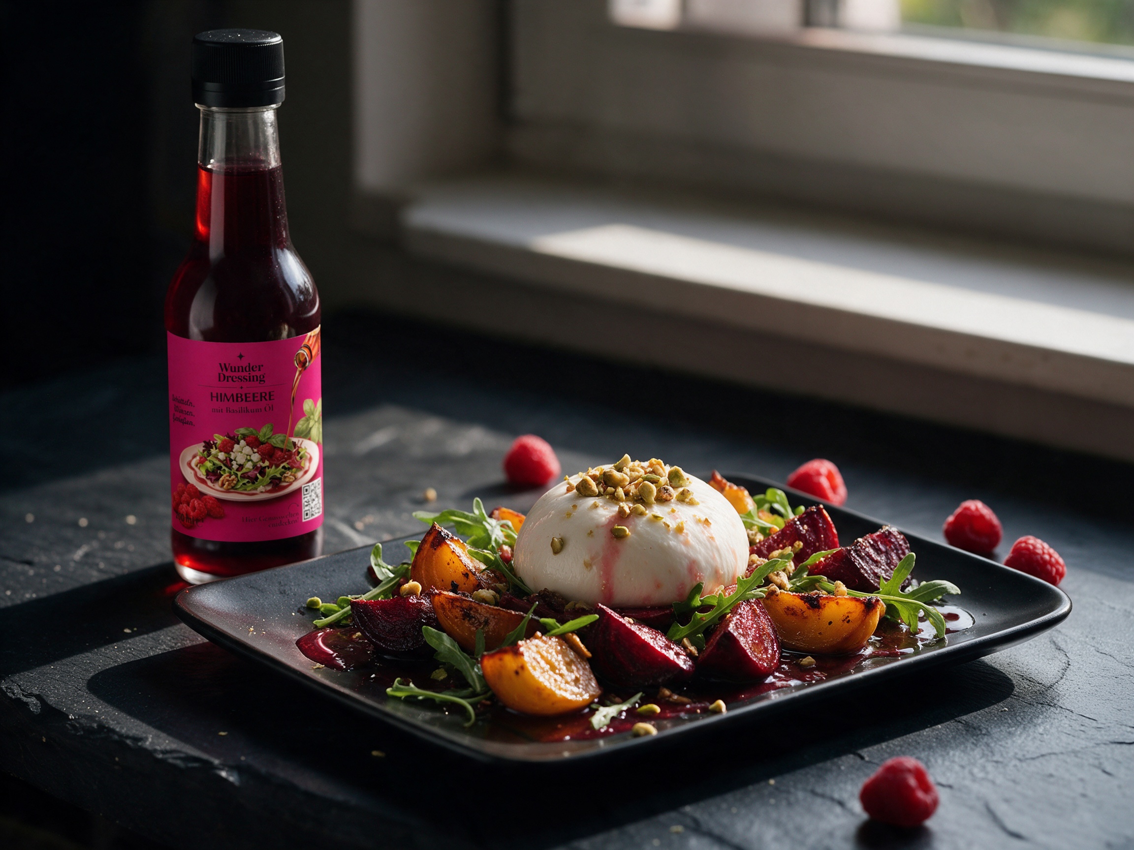 Burrata mit Ofenrüben und Himbeer-Vinaigrette – serviert mit Wunder Dressing Himbeere-Basilikum
