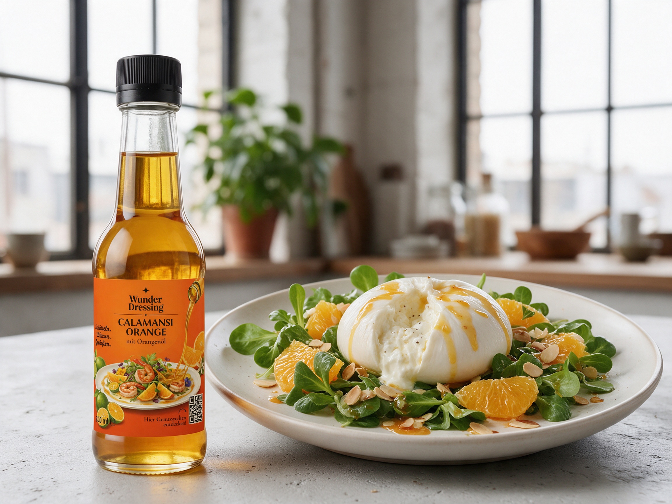 Burrata mit Orangenfilets und gerösteten Mandeln – serviert mit Wunder Dressing Calamansi Orange