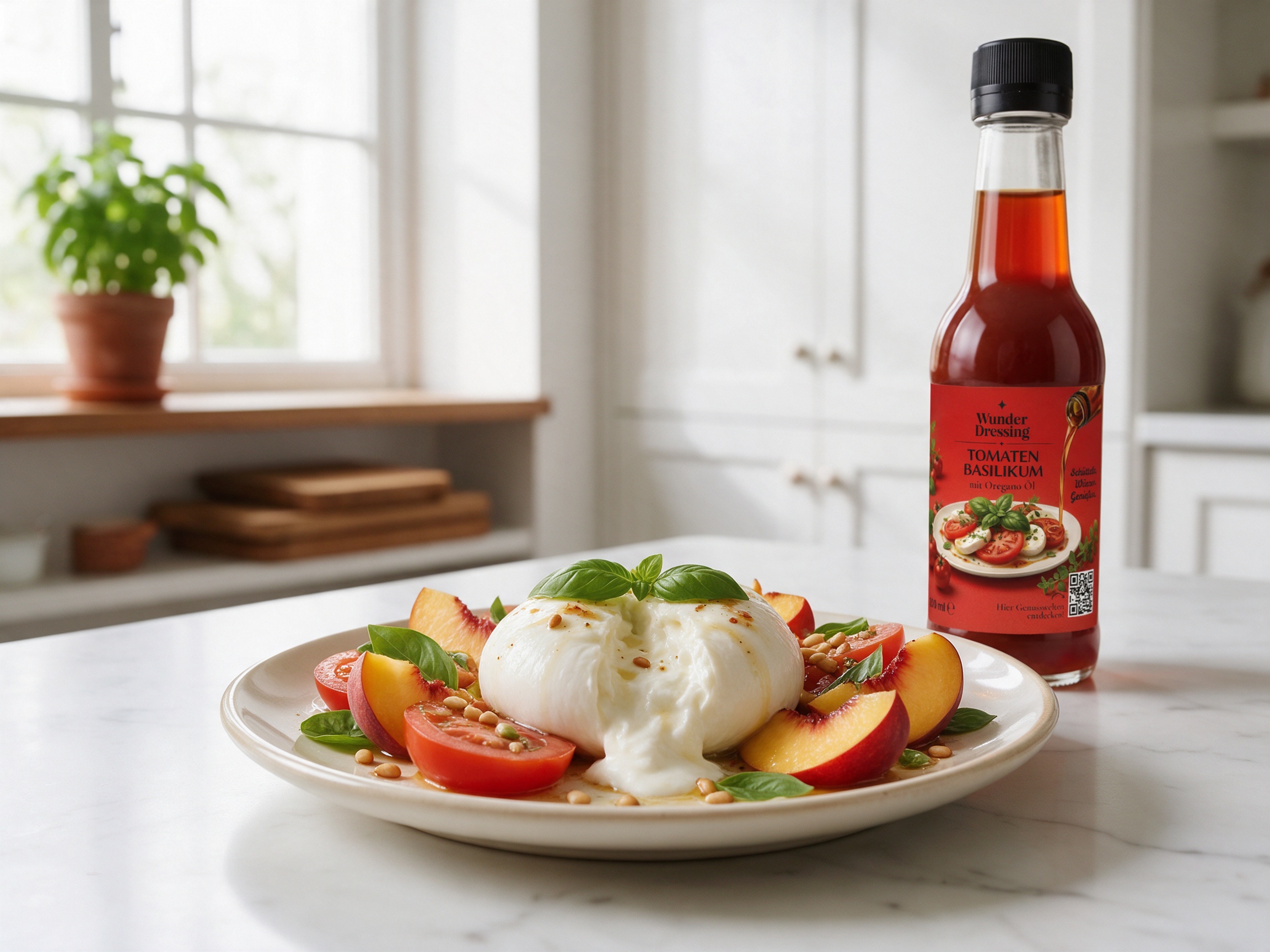 Caprese mit Pfirsich und gerösteten Pinienkernen – serviert mit Wunder Dressing Tomaten-Basilikum