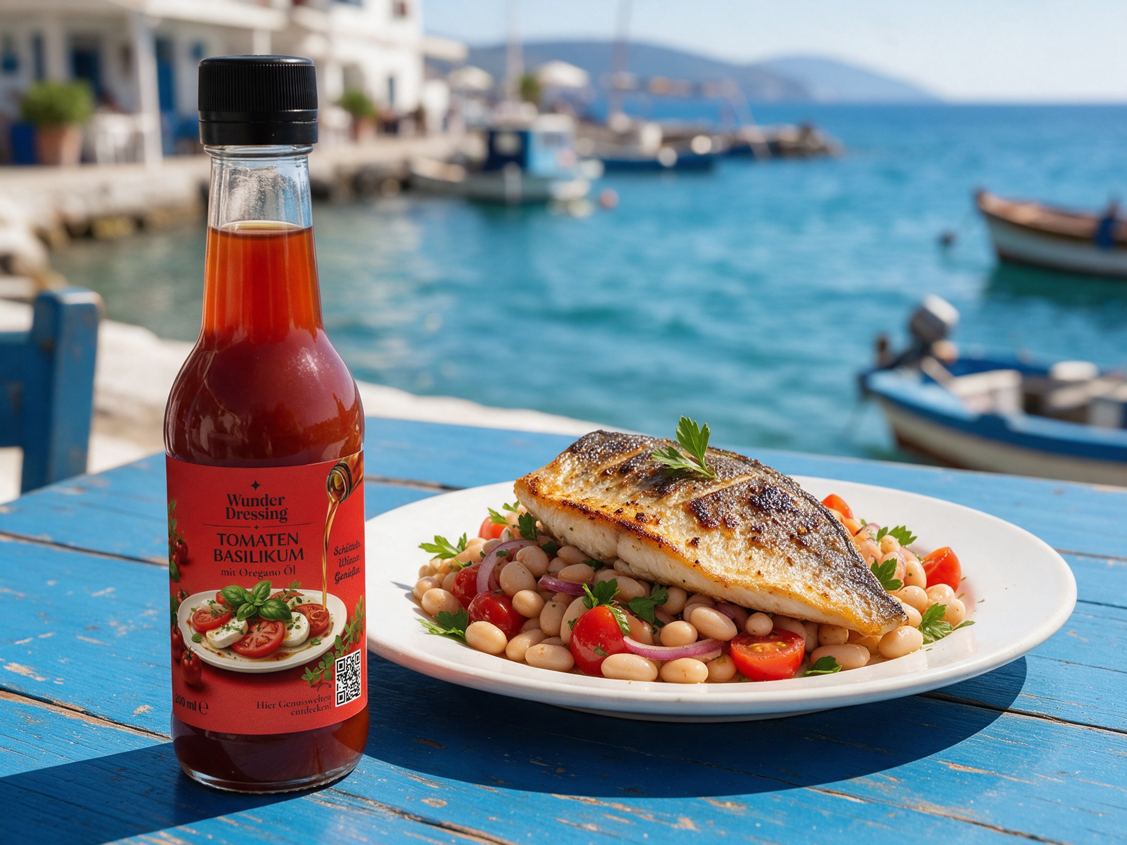 Doradenfilet auf mediterranem Bohnensalat – serviert mit Wunder Dressing Tomaten-Basilikum