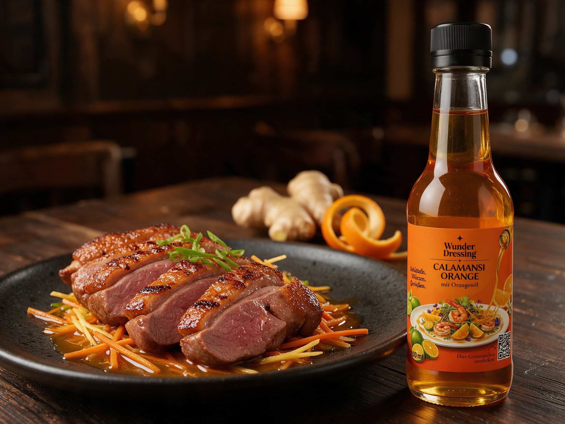 Entenbrust mit Karotten-Ingwer-Gemüse – serviert mit Wunder Dressing Calamansi Orange