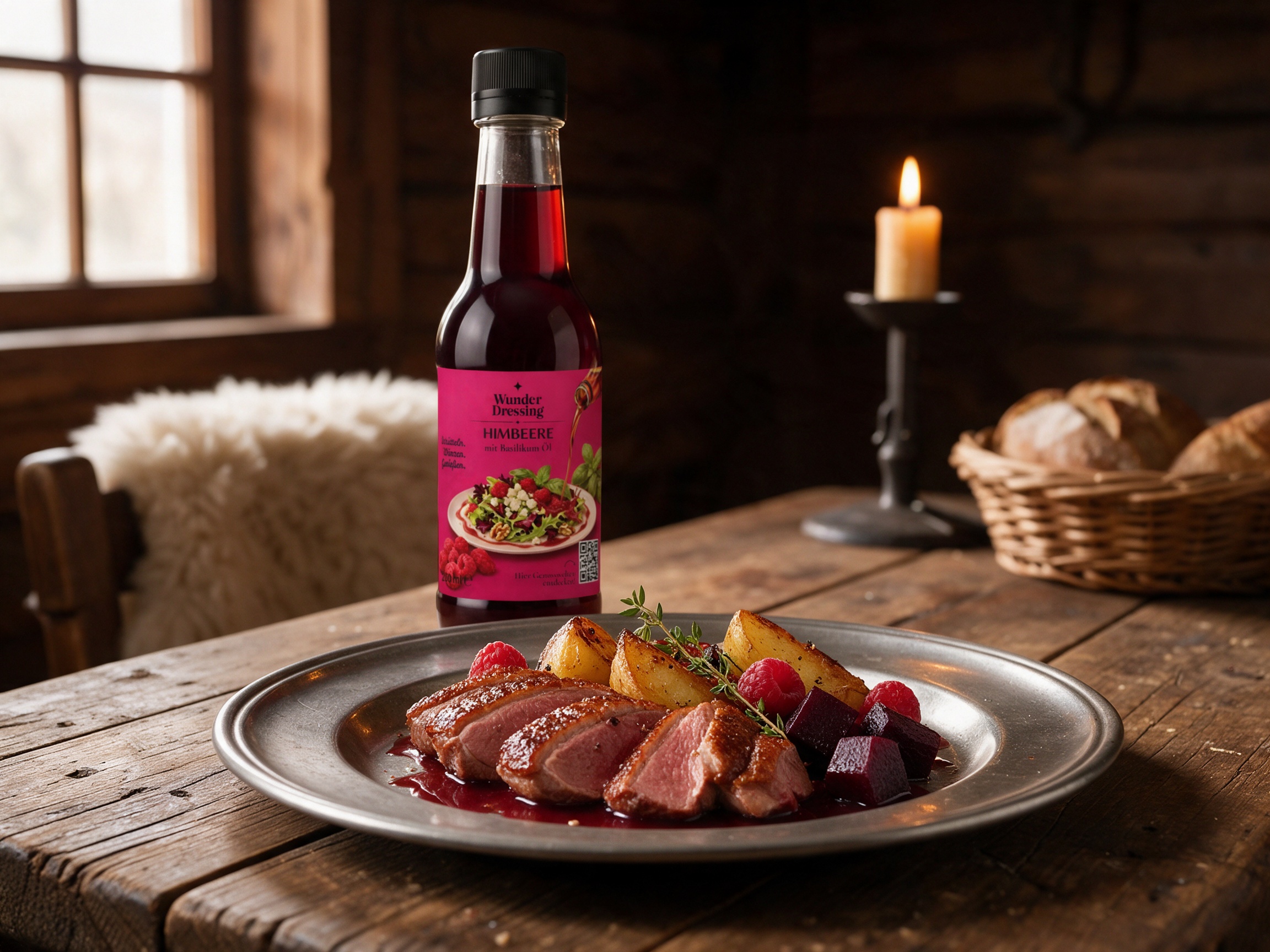 Entenbrust mit Ofenrüben und Himbeerjus-Finish – serviert mit Wunder Dressing Himbeere-Basilikum