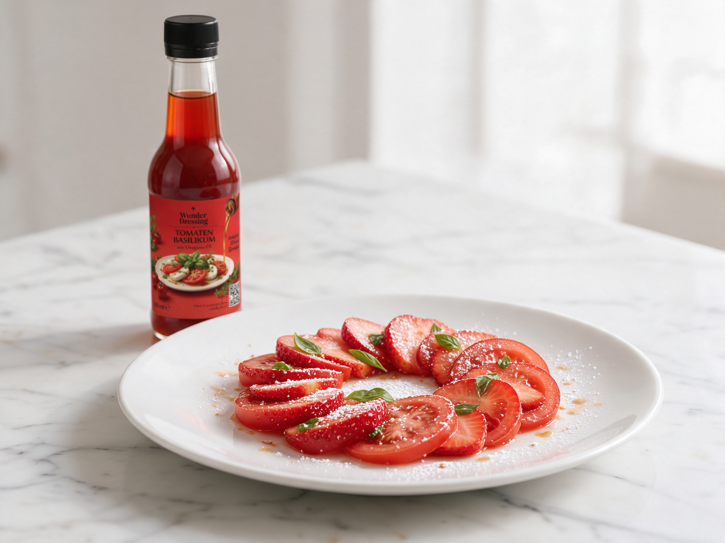 Erdbeer-Tomaten-Carpaccio mit Basilikum – serviert mit Wunder Dressing Tomaten-Basilikum