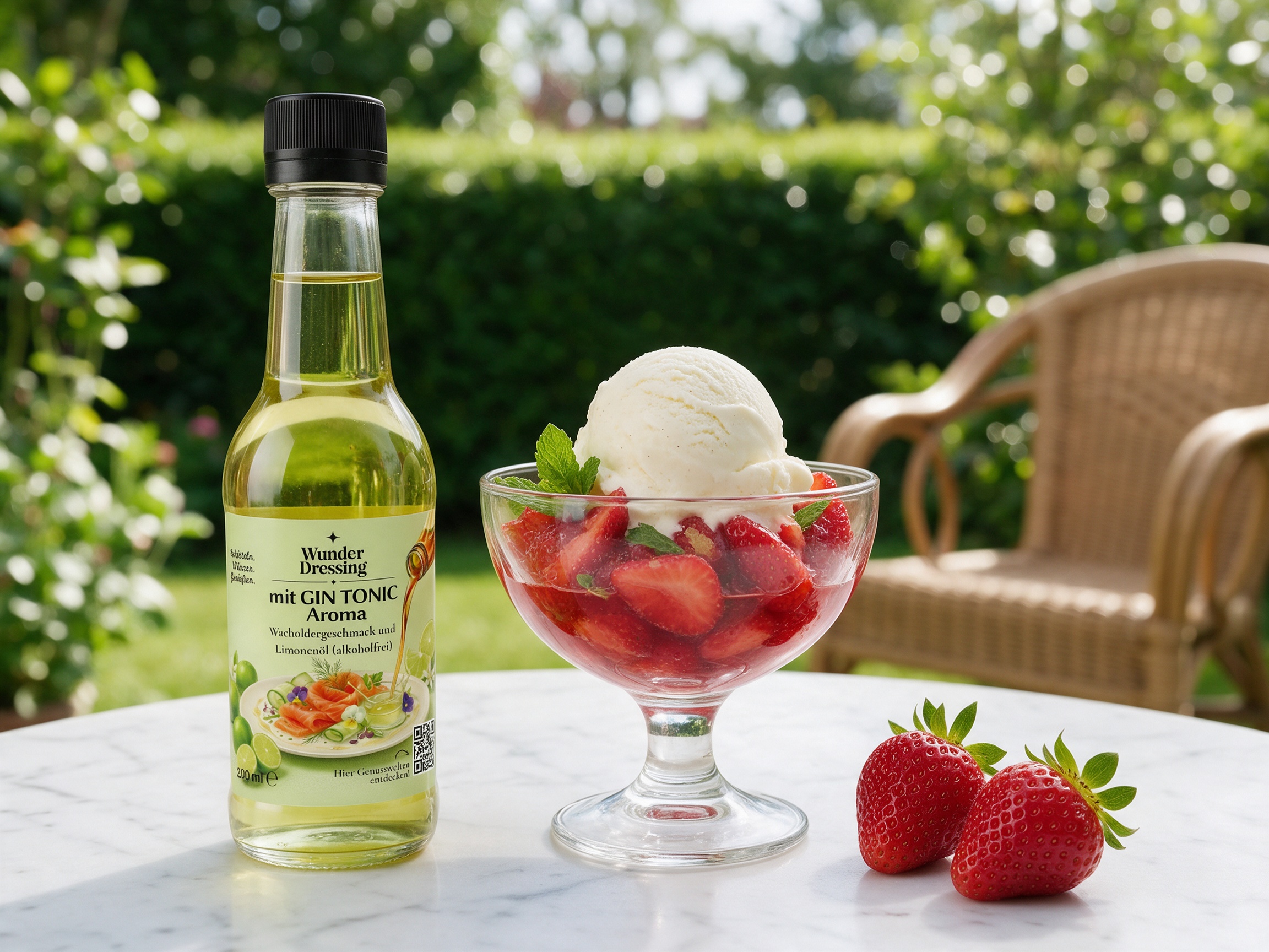 Erdbeersalat mit Minze, schwarzem Pfeffer und Vanilleeis – serviert mit Wunderdressing mit GIN TONIC Aroma
