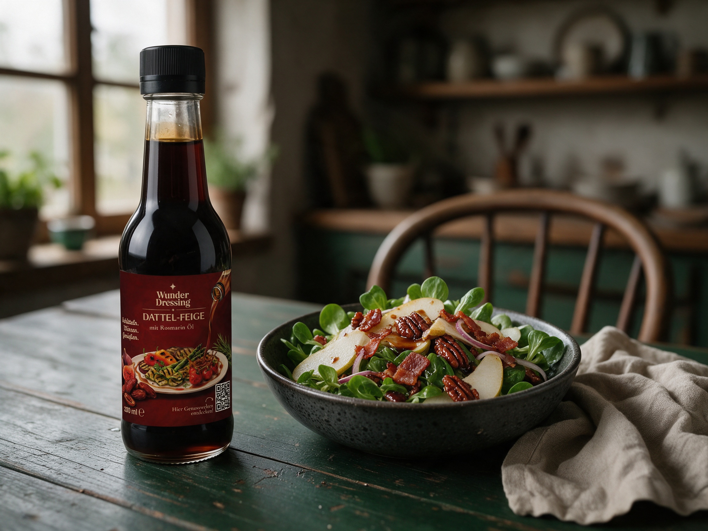 Feldsalat mit Birne, Speck und karamellisierten Pekannüssen – serviert mit Wunder Dressing Dattel-Feige