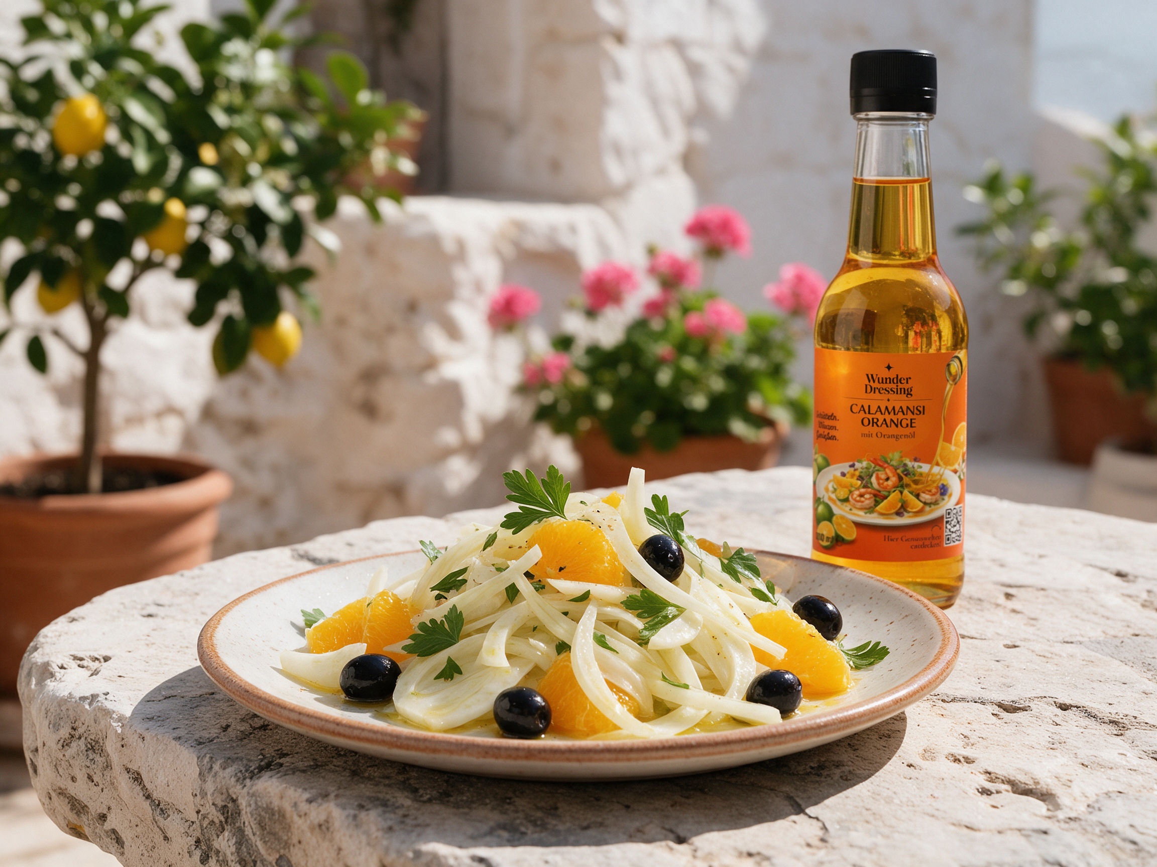 Fenchel-Orangen-Salat mit schwarzen Oliven – serviert mit Wunder Dressing Calamansi Orange