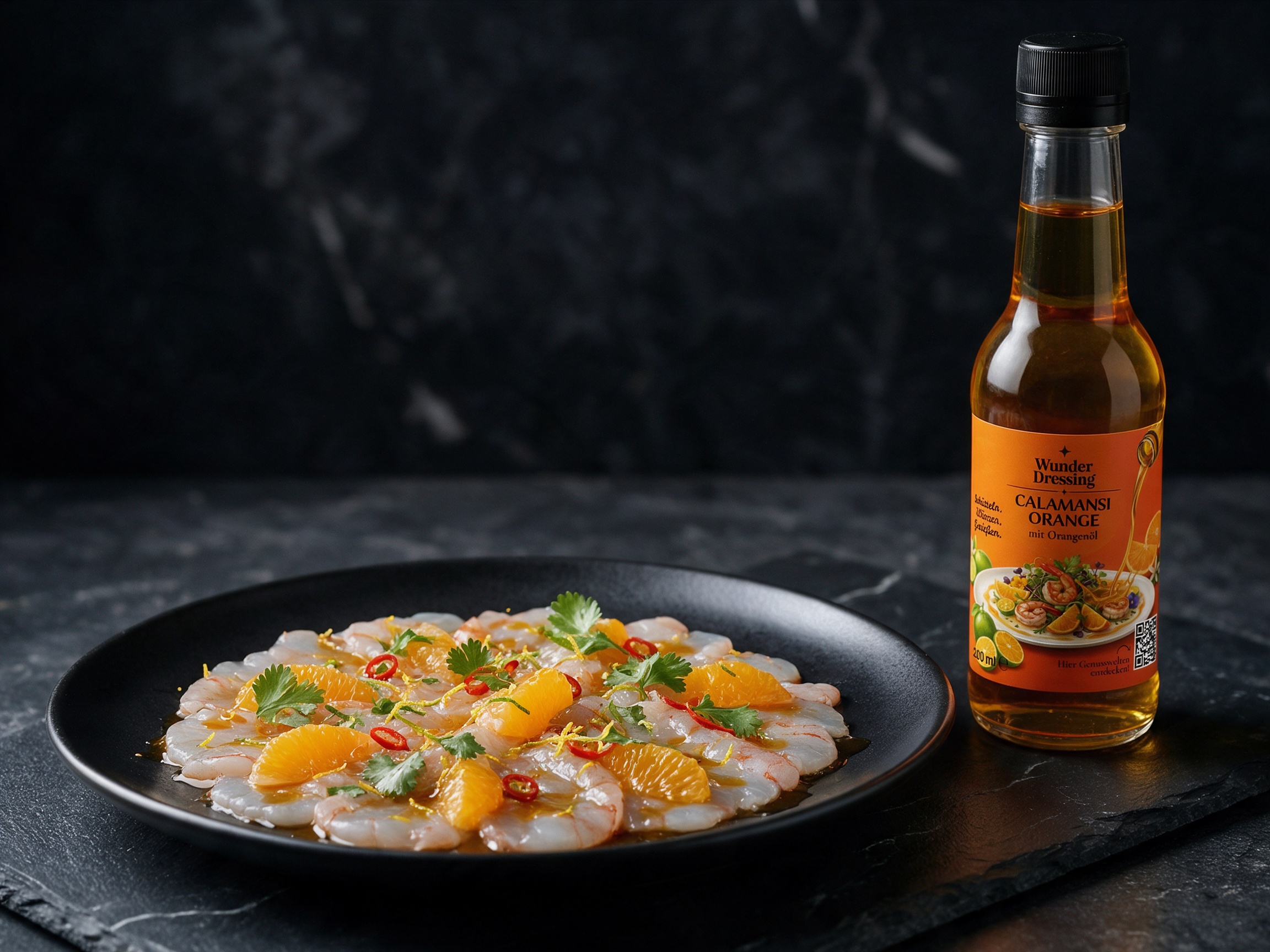 Garnelen-Carpaccio mit Orange und Koriander – serviert mit Wunder Dressing Calamansi Orange