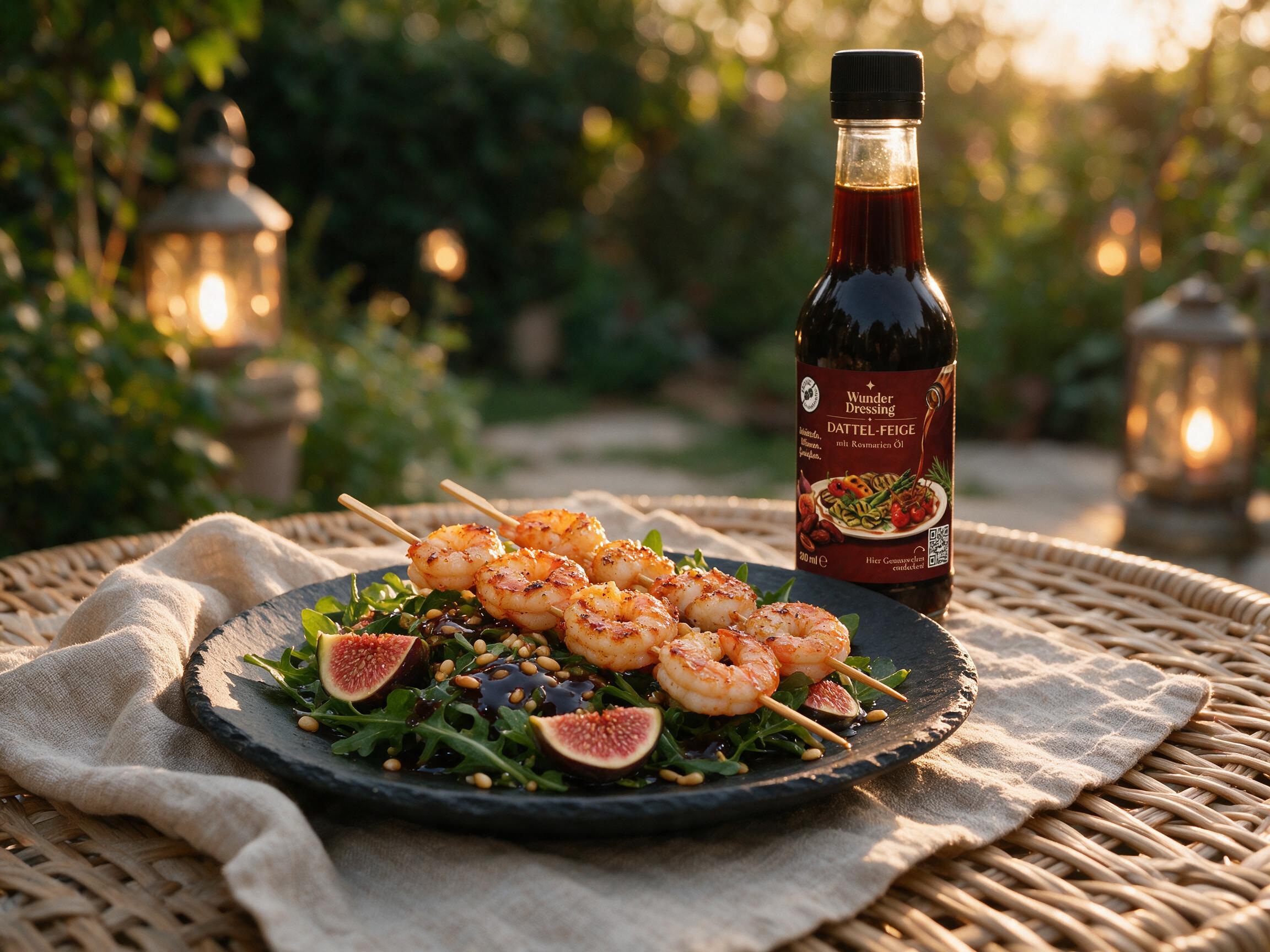 Garnelenspieße mit Feigen-Rucola-Salat – serviert mit Wunder Dressing Dattel-Feige