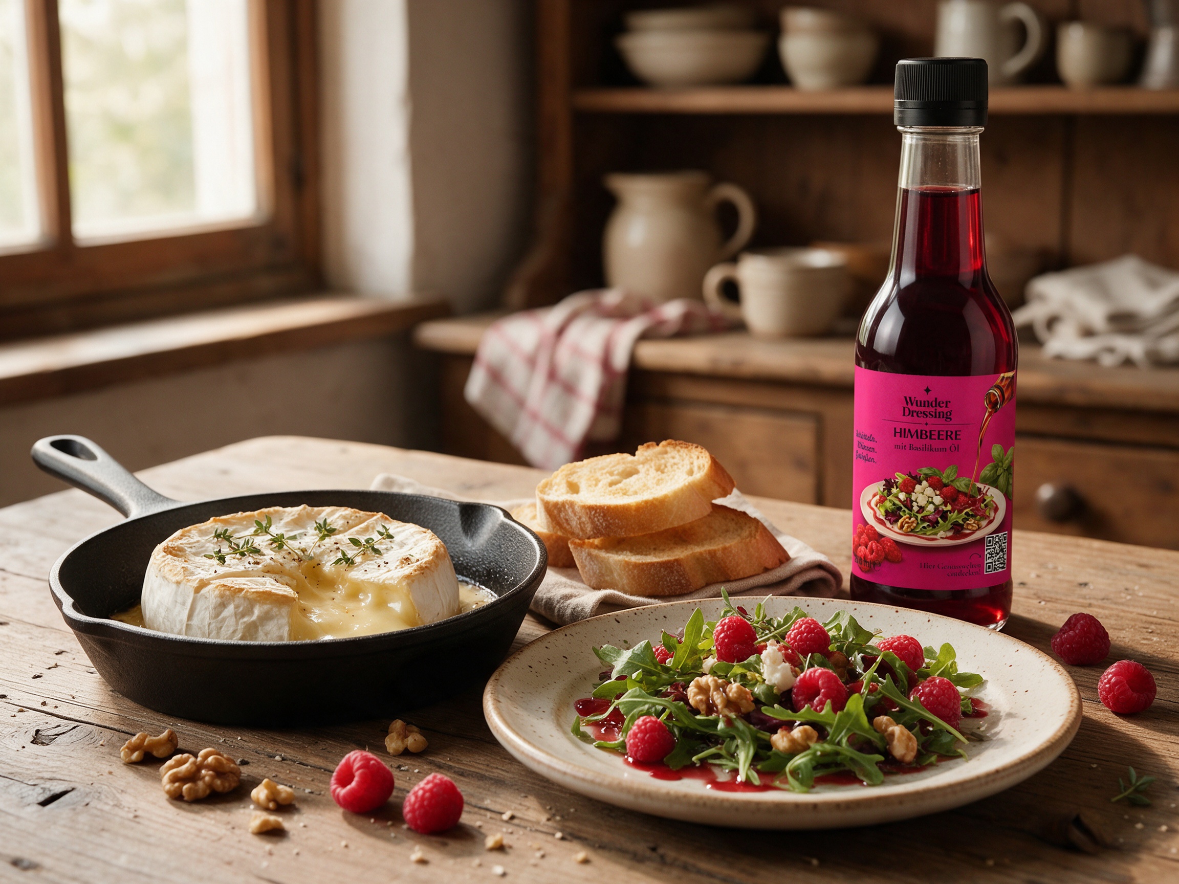 Gebackener Camembert mit Kräutersalat und Himbeeren – serviert mit Wunder Dressing Himbeere-Basilikum