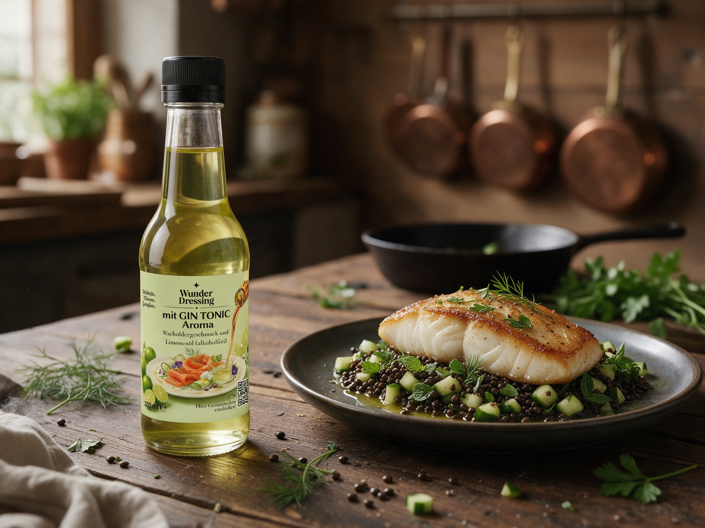 Gebratener Kabeljau auf Gurken-Linsensalat – serviert mit Wunderdressing mit GIN TONIC Aroma