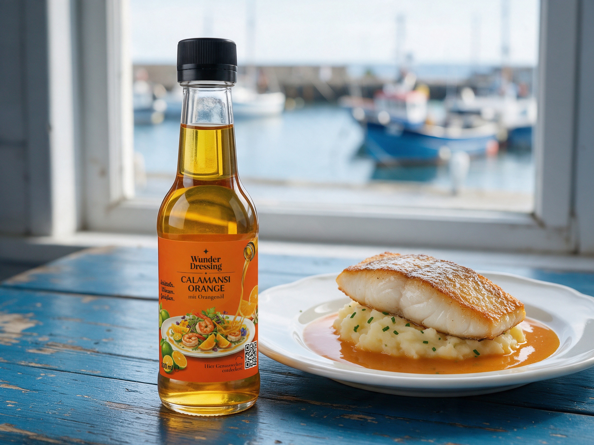 Gebratener Kabeljau auf Kartoffelstampf – serviert mit Wunder Dressing Calamansi Orange