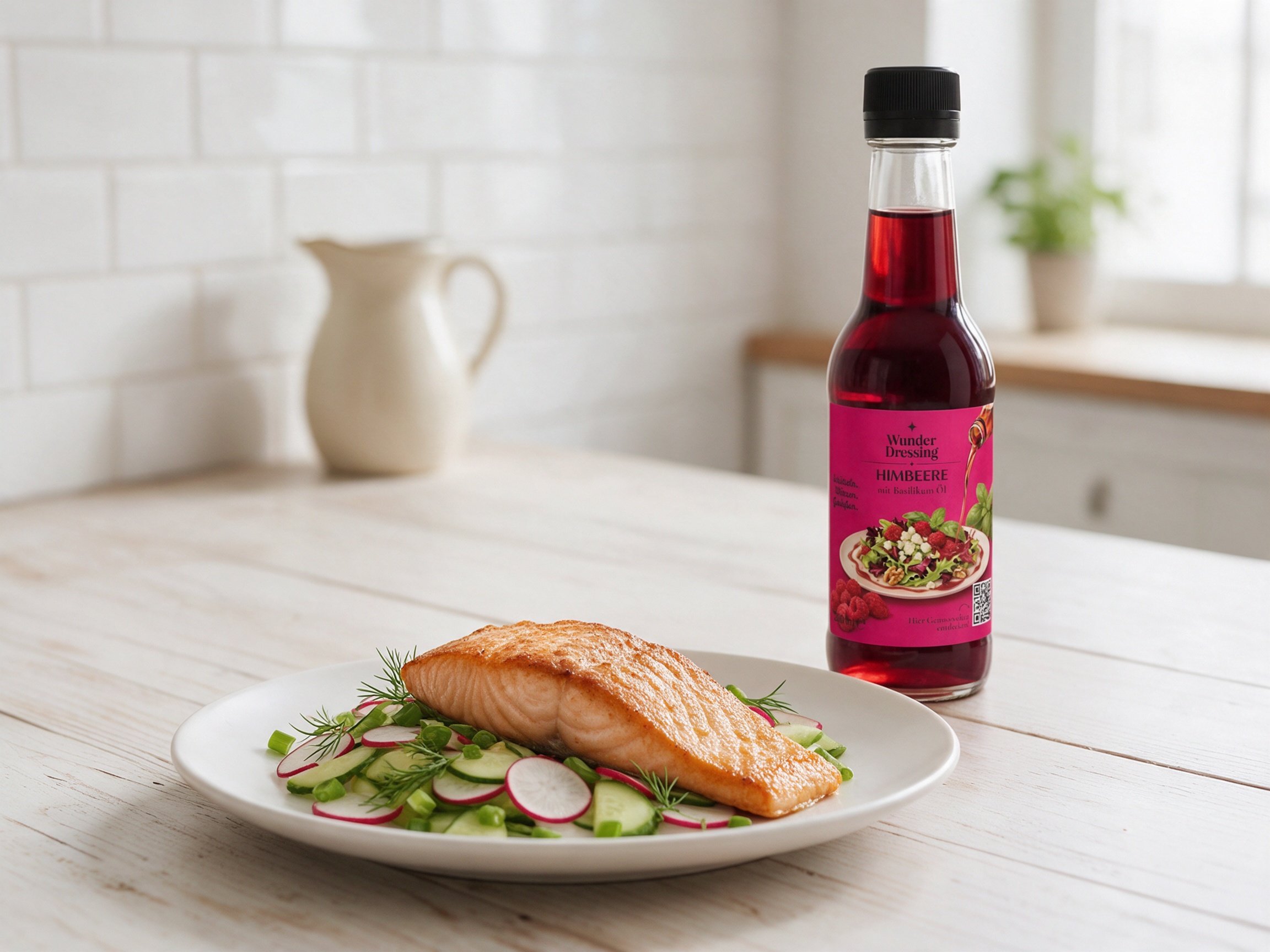 Gebratener Lachs auf Gurken-Radieschen-Salat – serviert mit Wunder Dressing Himbeere-Basilikum