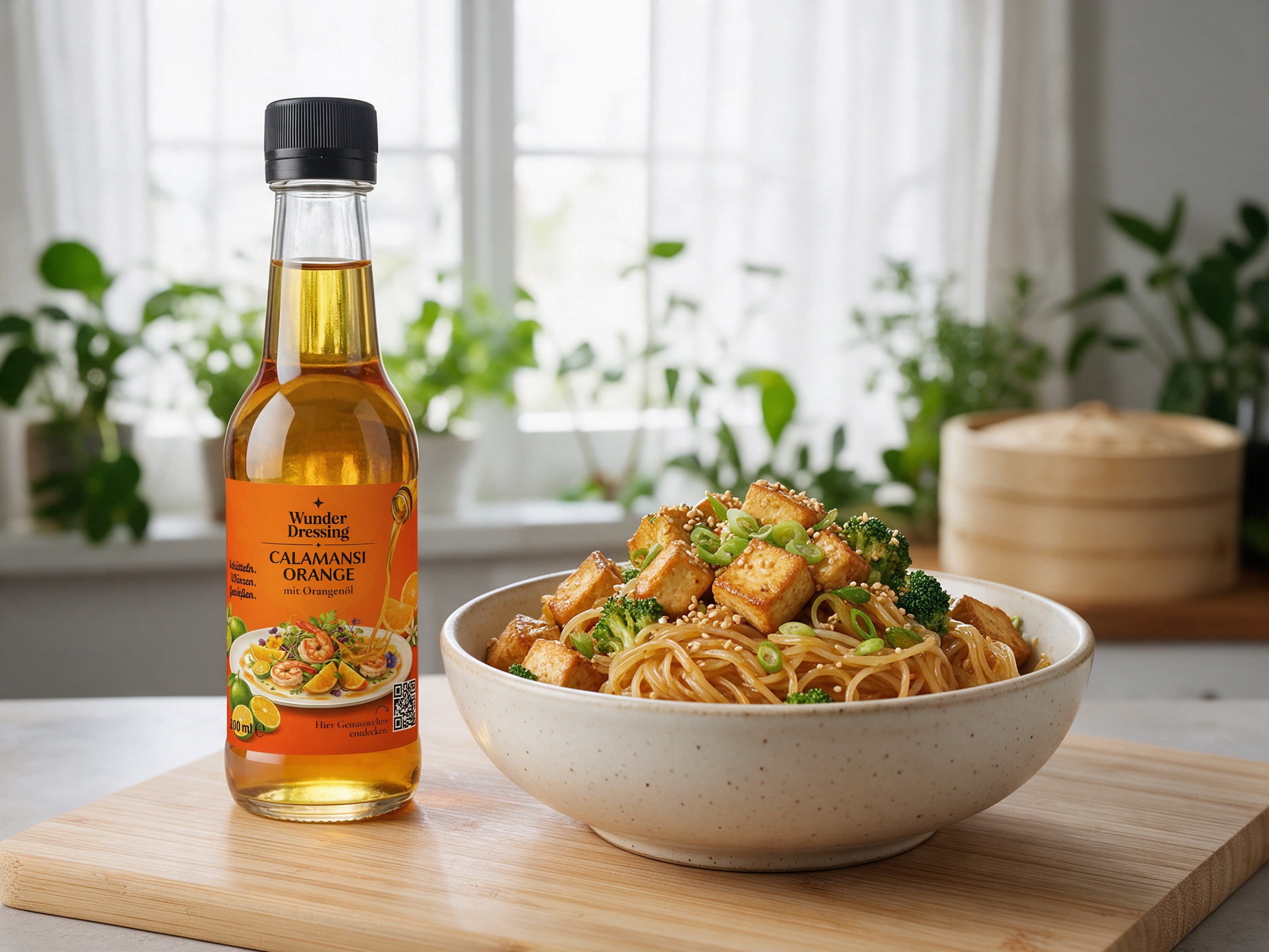 Gebratener Tofu mit Brokkoli und Reisnudeln – serviert mit Wunder Dressing Calamansi Orange