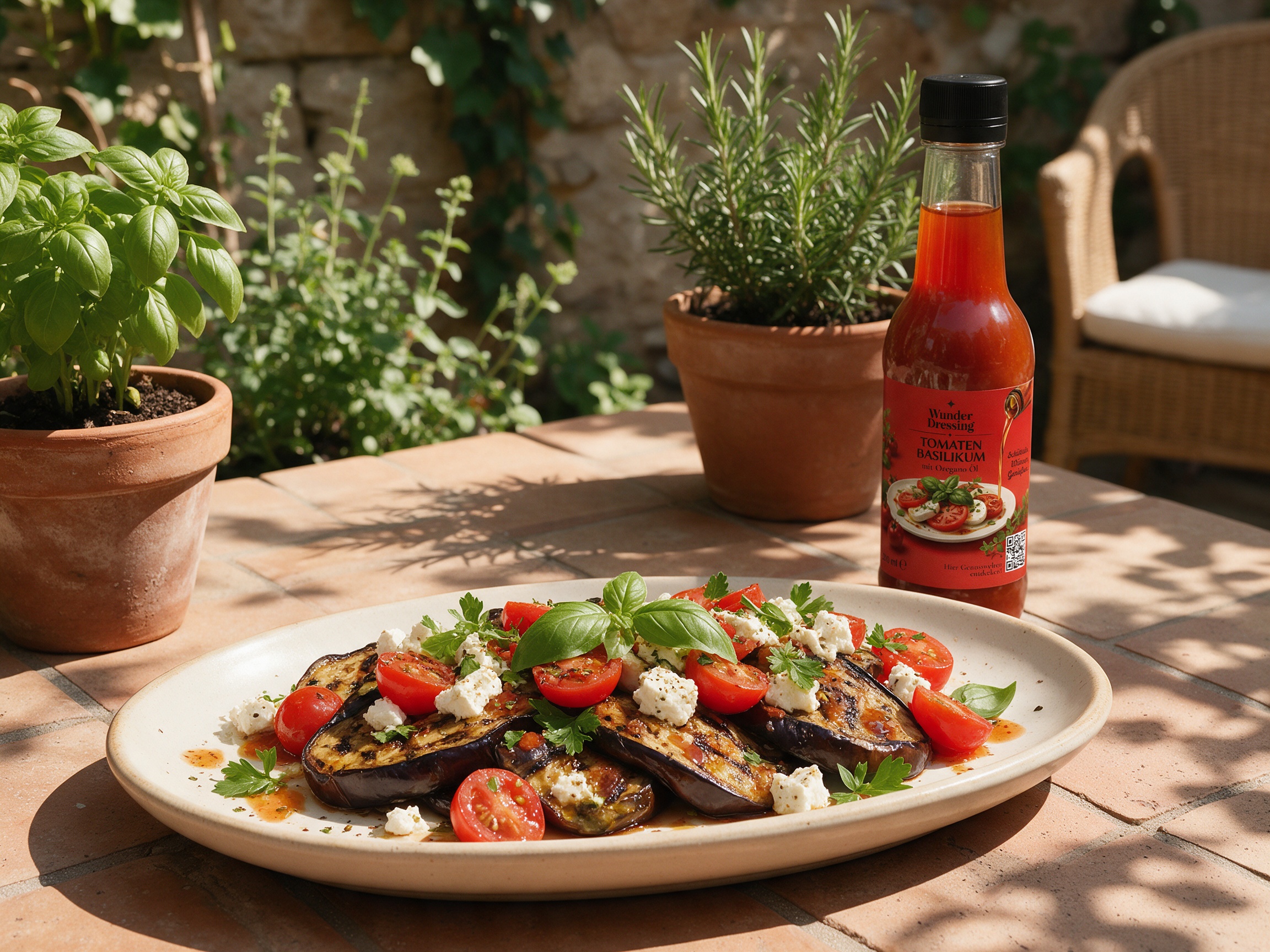 Gegrillte Aubergine mit Feta und Kräutern – serviert mit Wunder Dressing Tomaten-Basilikum
