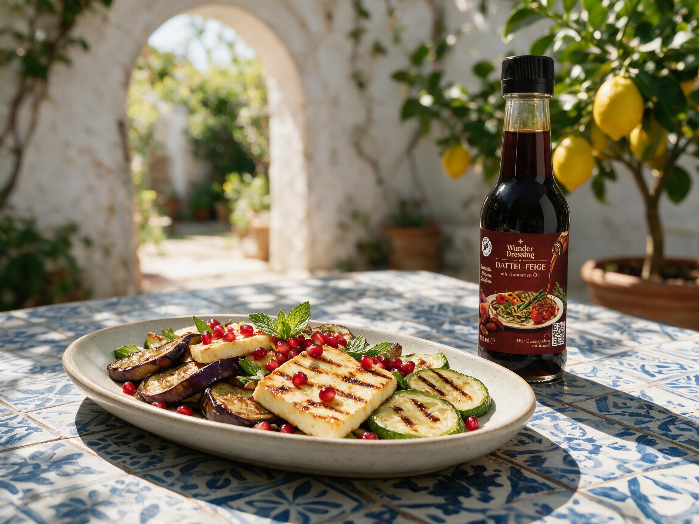 Gegrillter Halloumi mit Aubergine und Granatapfel – serviert mit Wunder Dressing Dattel-Feige