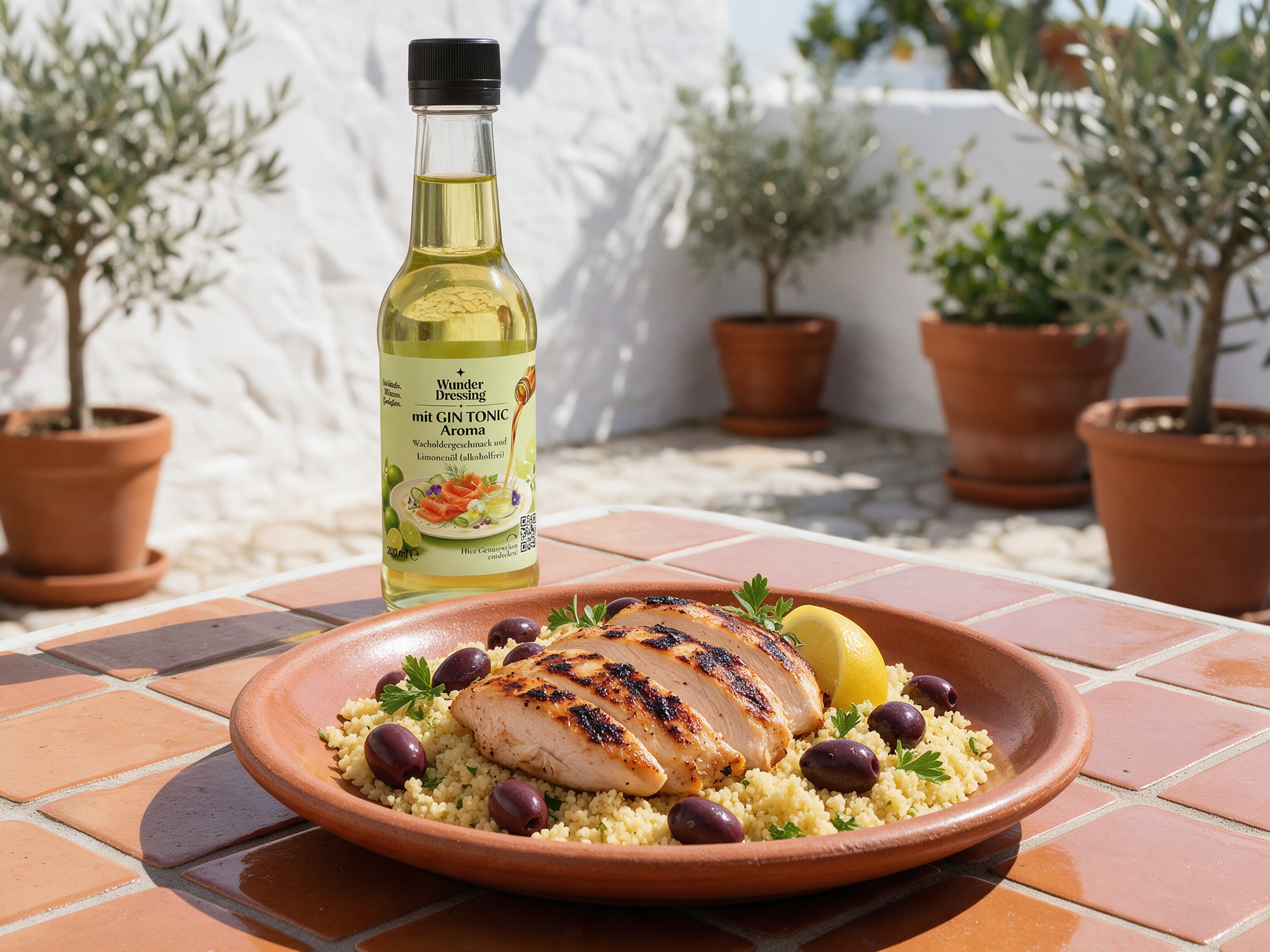 Hähnchenbrust mit Kräuter-Couscous und Zucchini – serviert mit Wunderdressing mit GIN TONIC Aroma