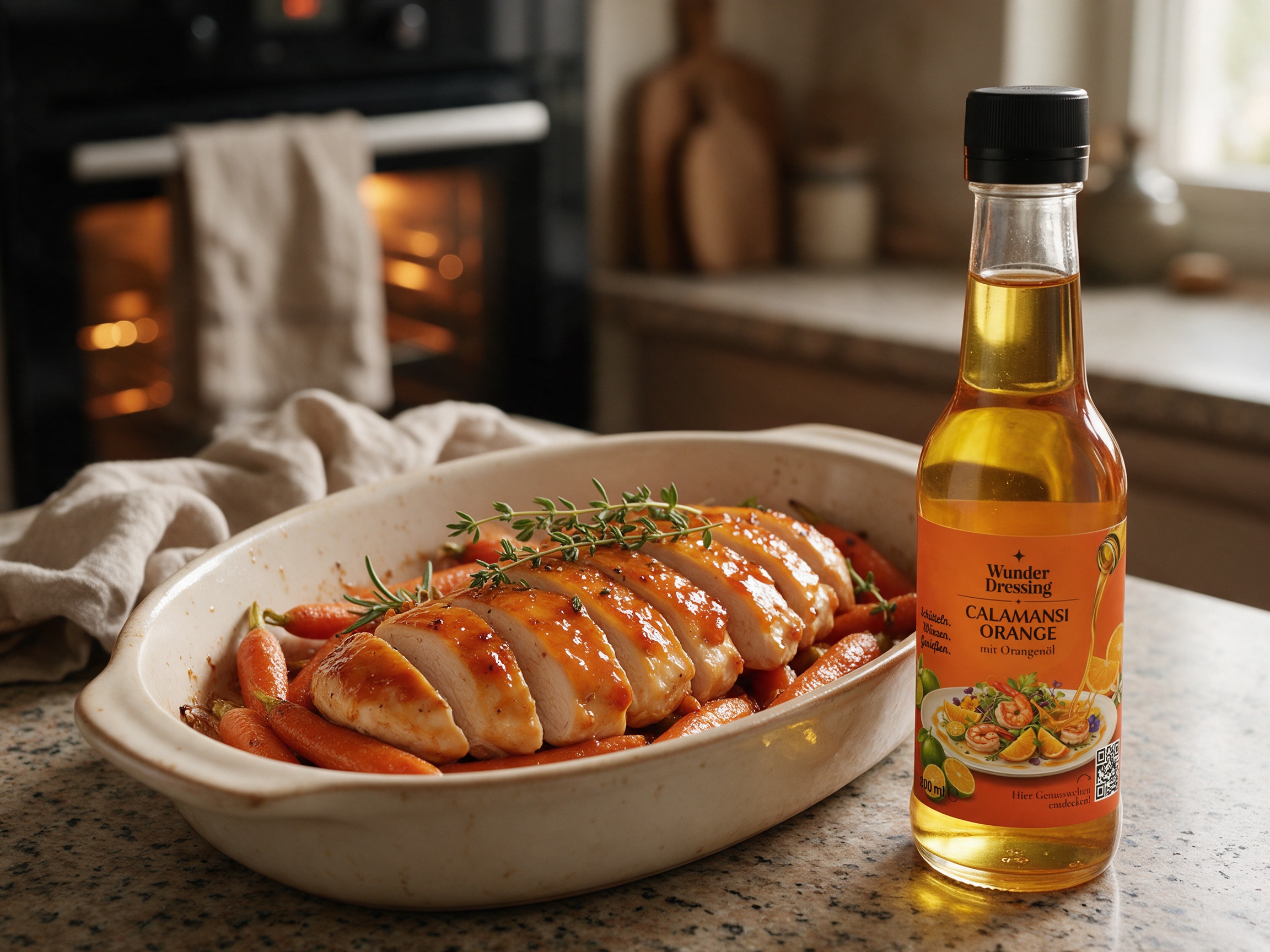 Hähnchenbrust mit Ofenkarotten und Kräutern – serviert mit Wunder Dressing Calamansi Orange
