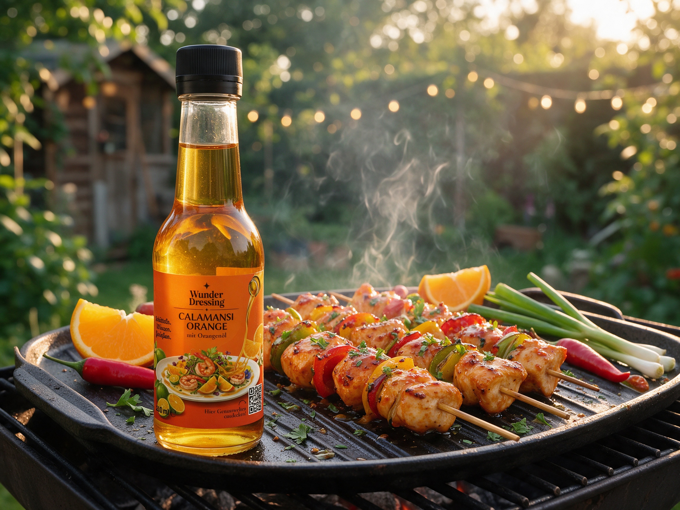 Hähnchenspieße mit Orangen-Chili-Glasur – serviert mit Wunder Dressing Calamansi Orange