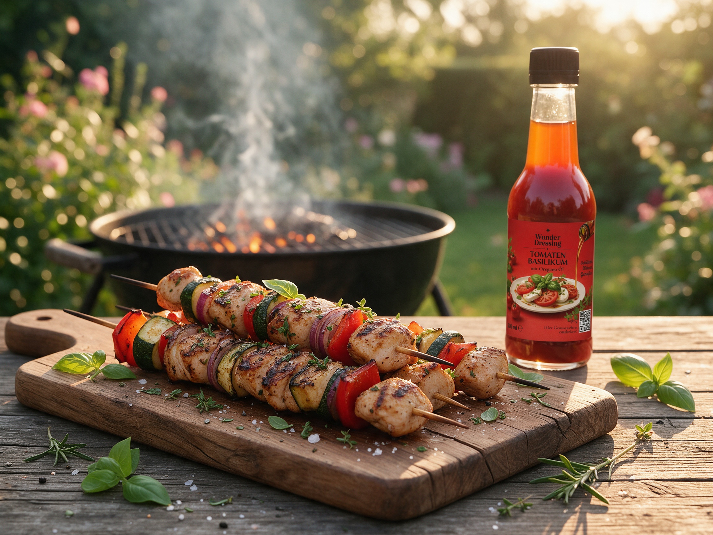 Hähnchenspieße mit Paprika und Zucchini – serviert mit Wunder Dressing Tomaten-Basilikum