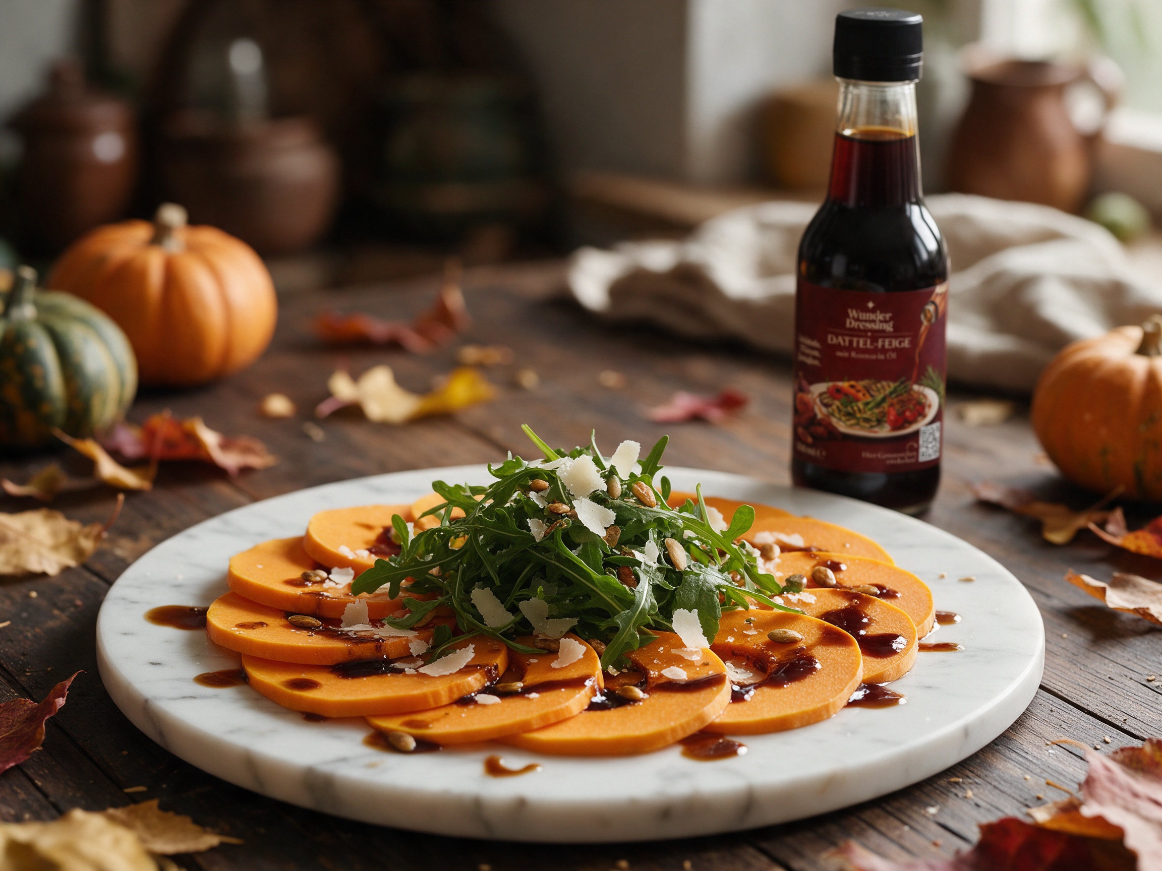 Kürbis-Carpaccio mit Parmesan und gerösteten Kernen – serviert mit Wunder Dressing Dattel-Feige