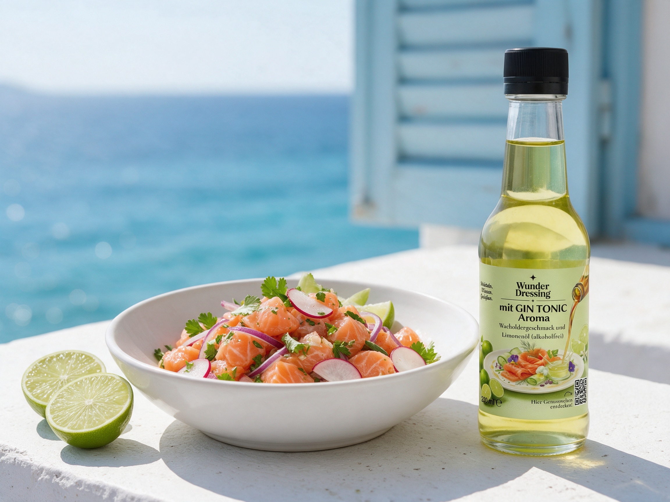 Lachs-Ceviche mit Limette und Apfel – serviert mit Wunderdressing mit GIN TONIC Aroma