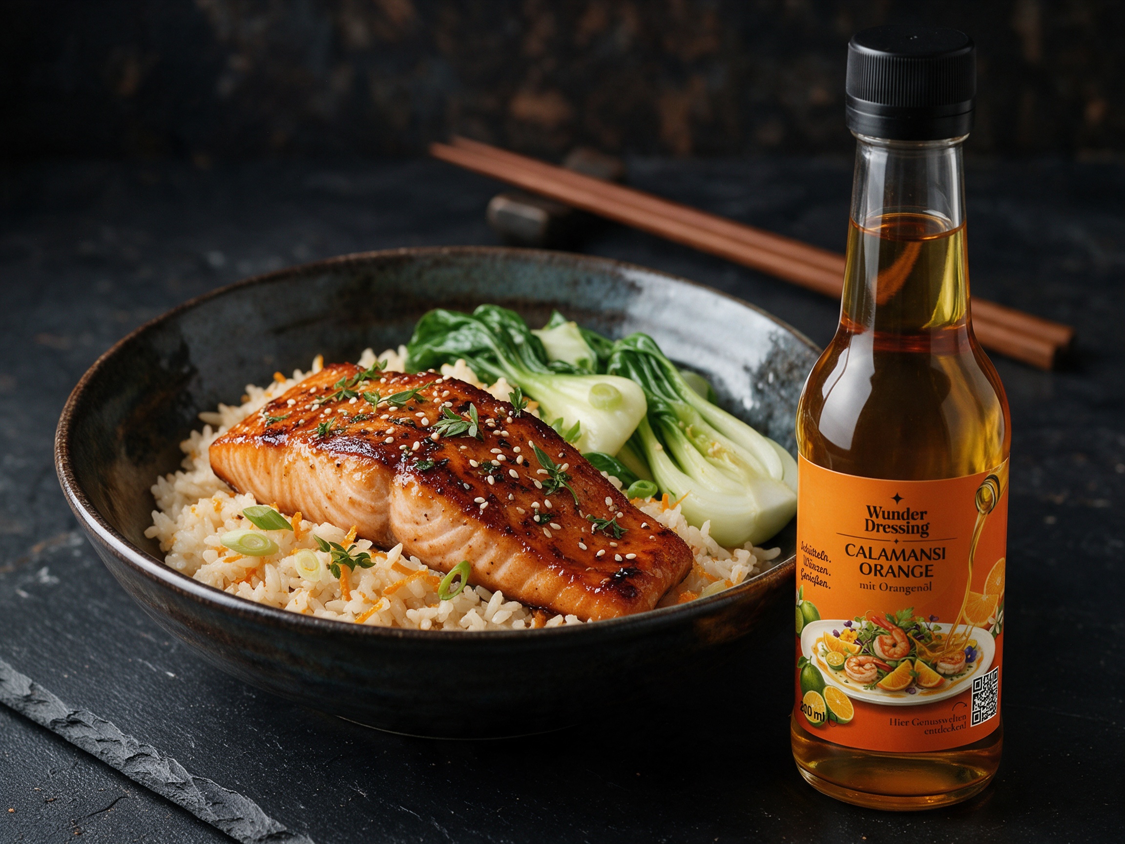 Lachsfilet auf Pak Choi und Orangenreis – serviert mit Wunder Dressing Calamansi Orange