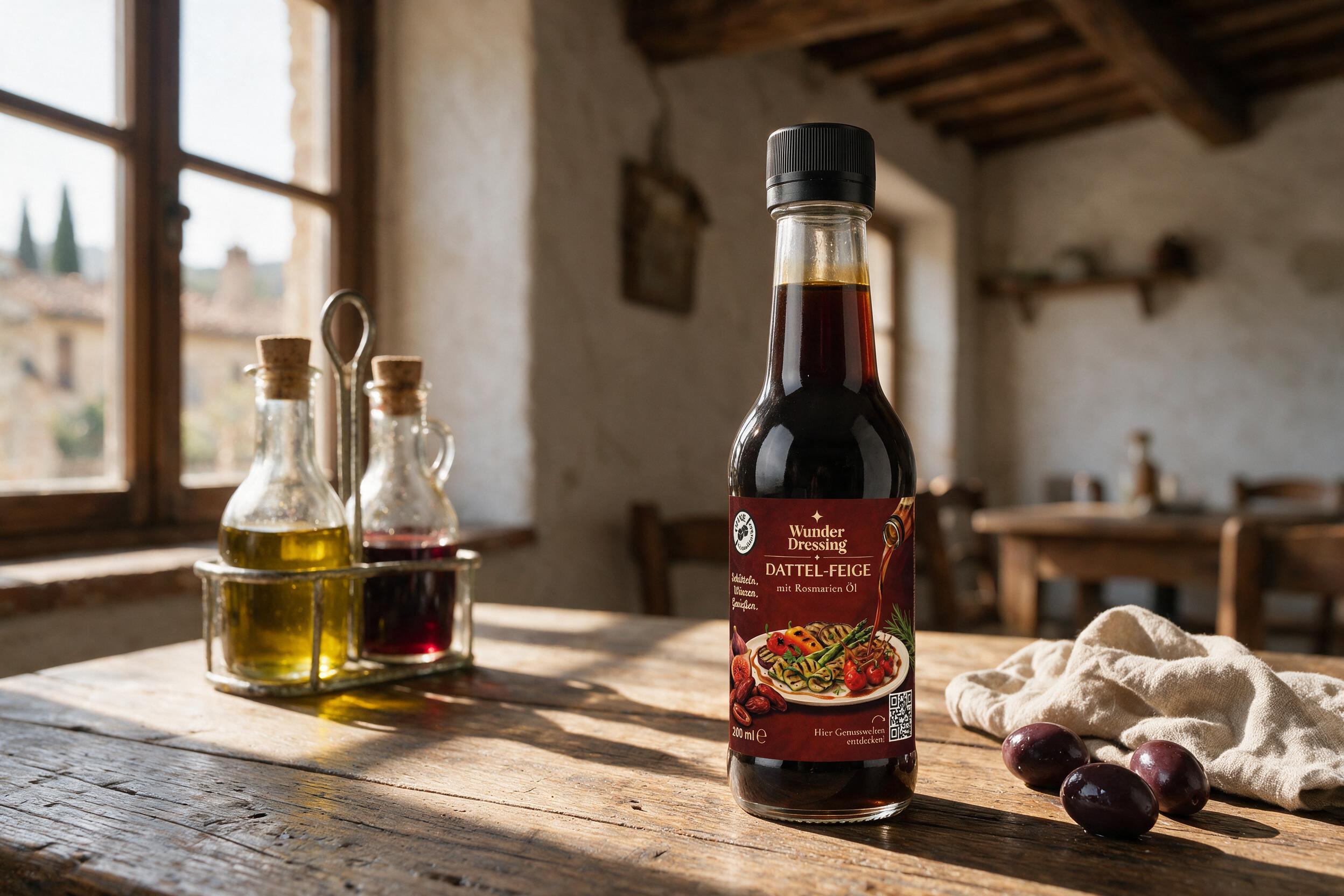 Alte Öl- und Essigmenage neben einer Flasche Wunderdressing Dattel-Feige auf einem Holztisch