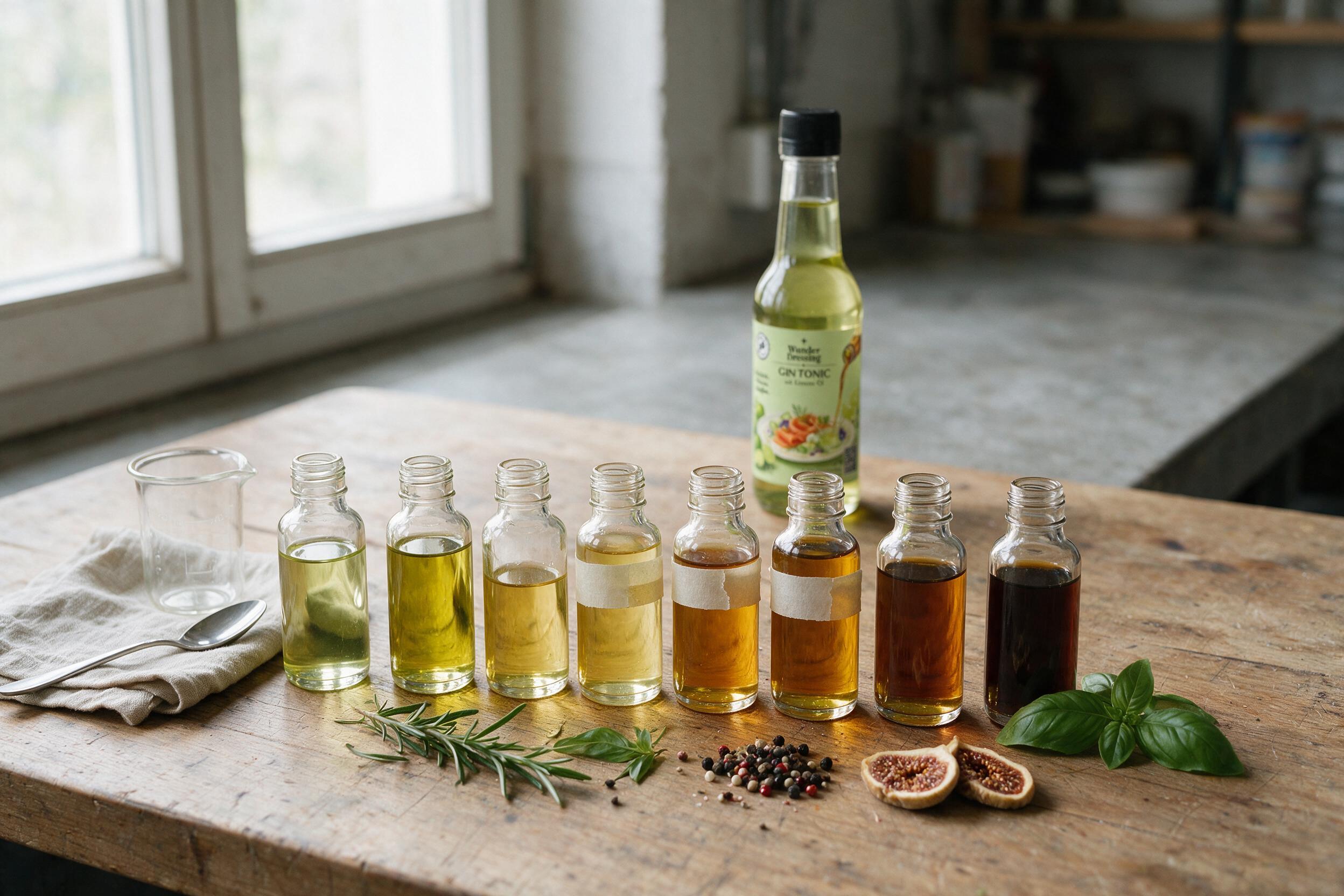 Reihe unbeschrifteter Musterfläschchen auf einer Werkbank, dahinter eine Flasche Wunderdressing mit GIN TONIC Aroma