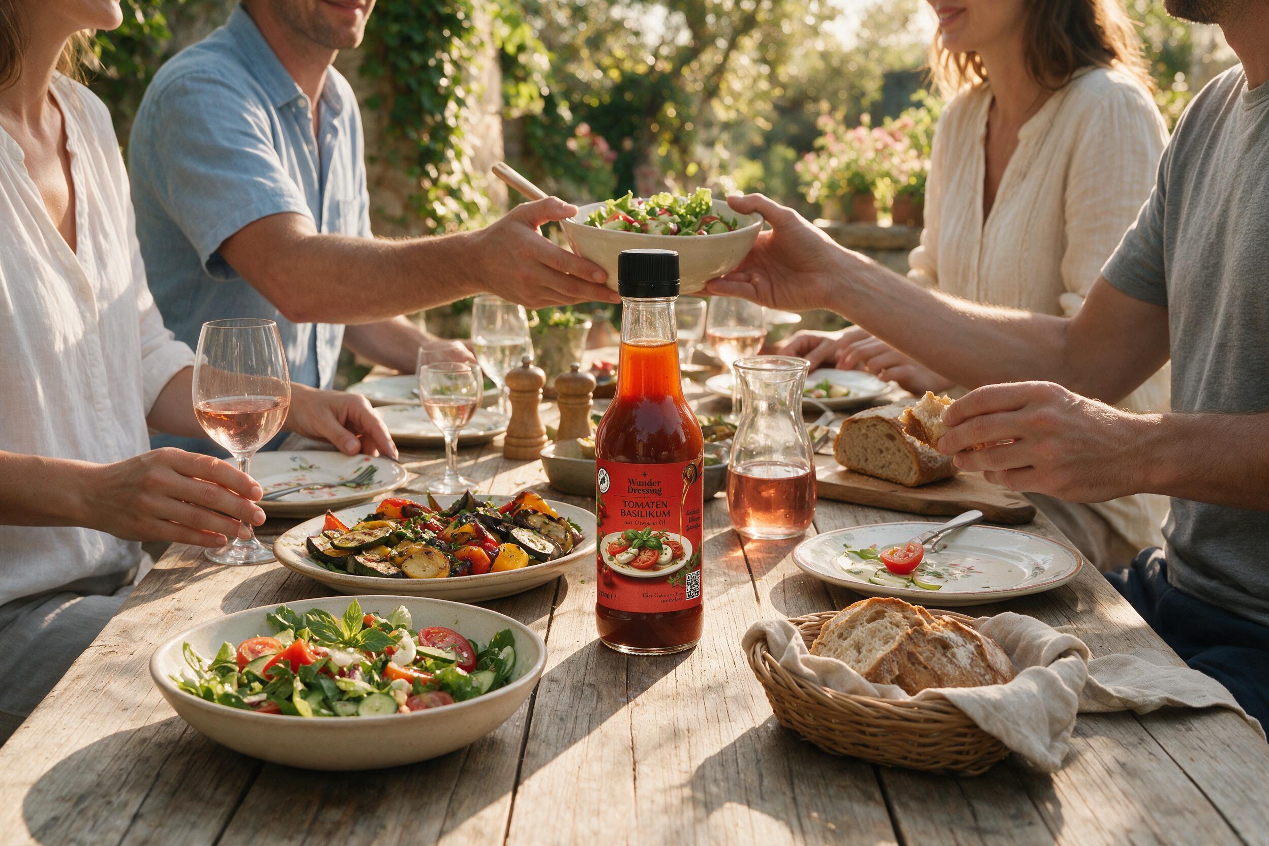 Gedeckte Tafel im Garten, über dem Tisch wird eine Salatschüssel gereicht, in der Mitte eine Flasche Wunderdressing Tomate-Basilikum