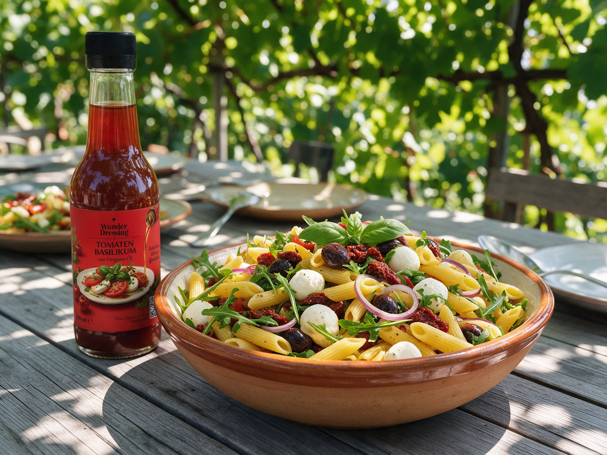 Mediterraner Nudelsalat mit Rucola und Mini-Mozzarella – serviert mit Wunder Dressing Tomaten-Basilikum