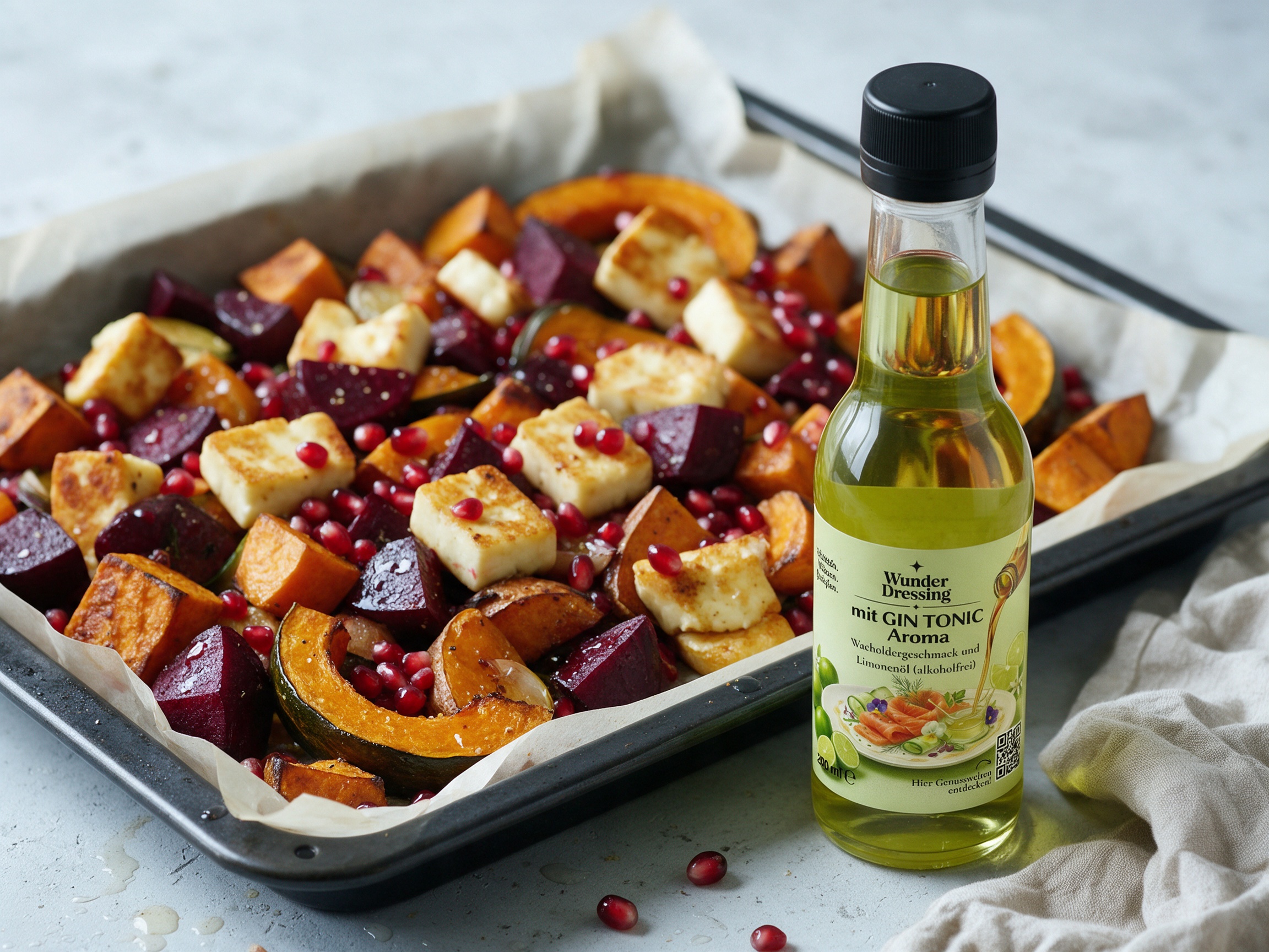 Ofengemüse mit Halloumi und Granatapfel – serviert mit Wunderdressing mit GIN TONIC Aroma