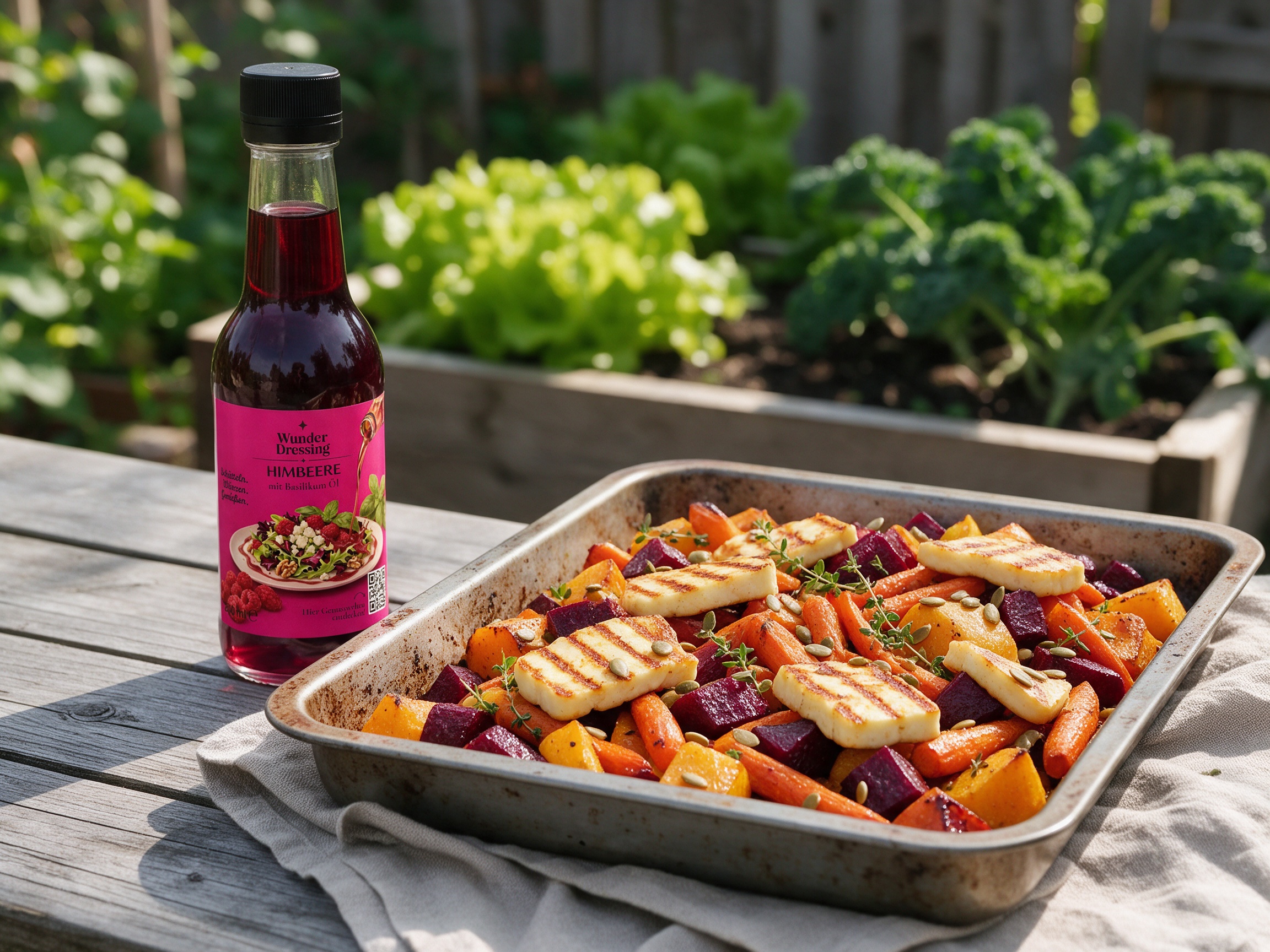 Ofengemüse mit Möhren, Bete und Halloumi – serviert mit Wunder Dressing Himbeere-Basilikum