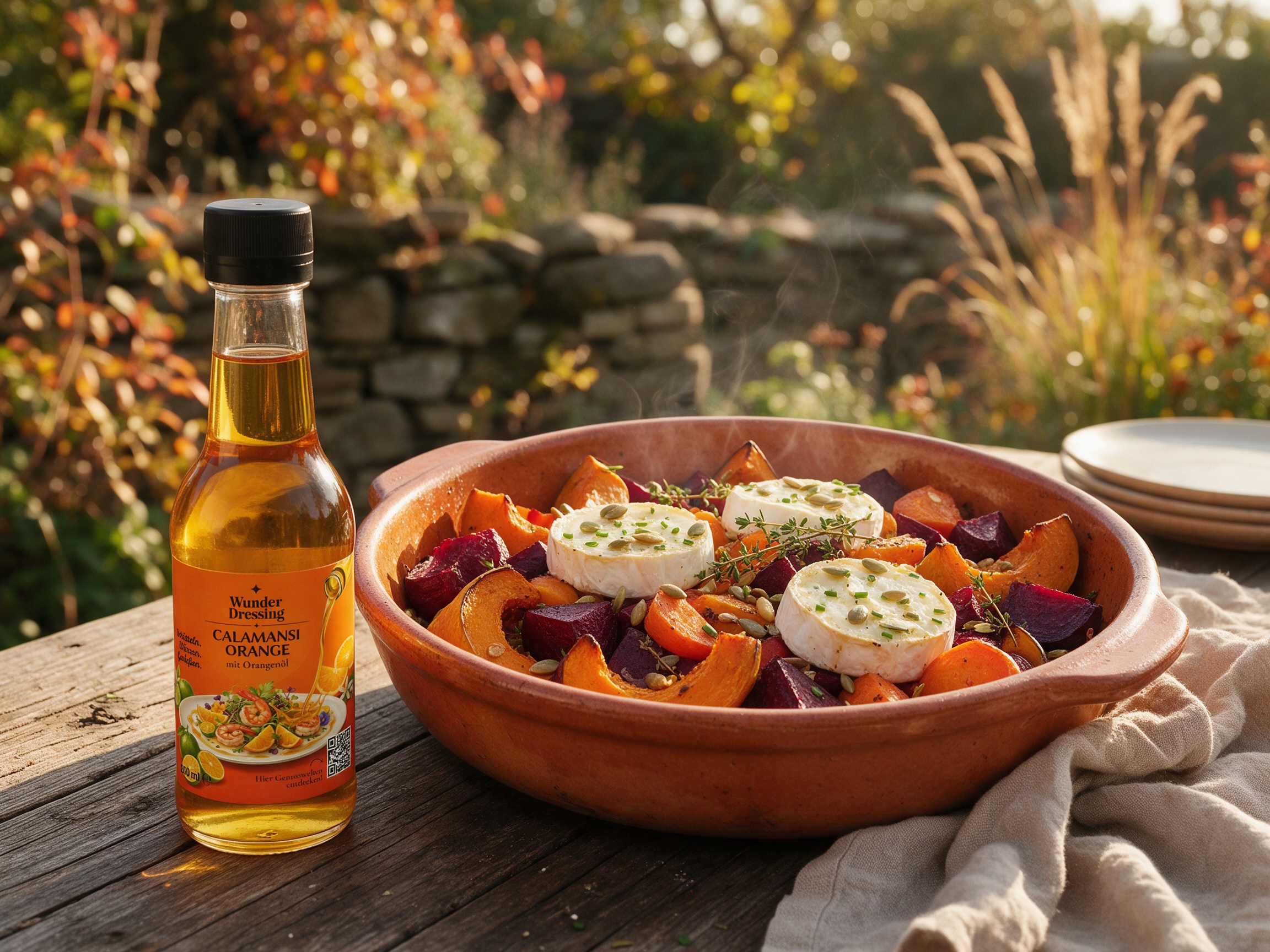 Ofengemüse mit Ziegenkäse – serviert mit Wunder Dressing Calamansi Orange