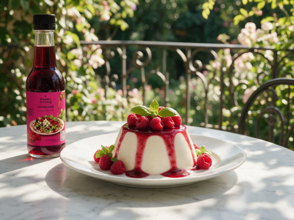 Panna cotta mit Himbeeren und Basilikum
