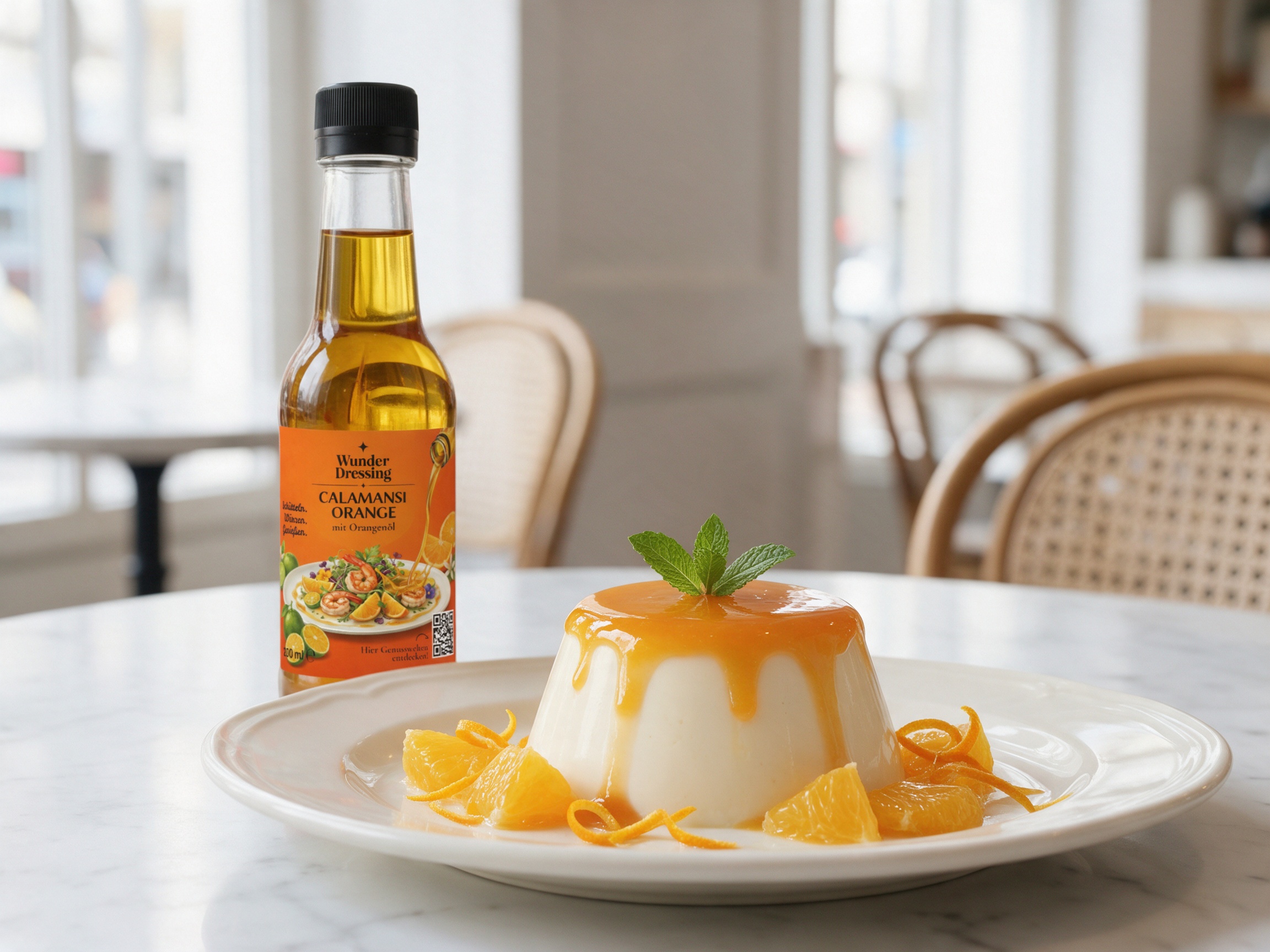 Panna cotta mit Orangen und Minze – serviert mit Wunder Dressing Calamansi Orange