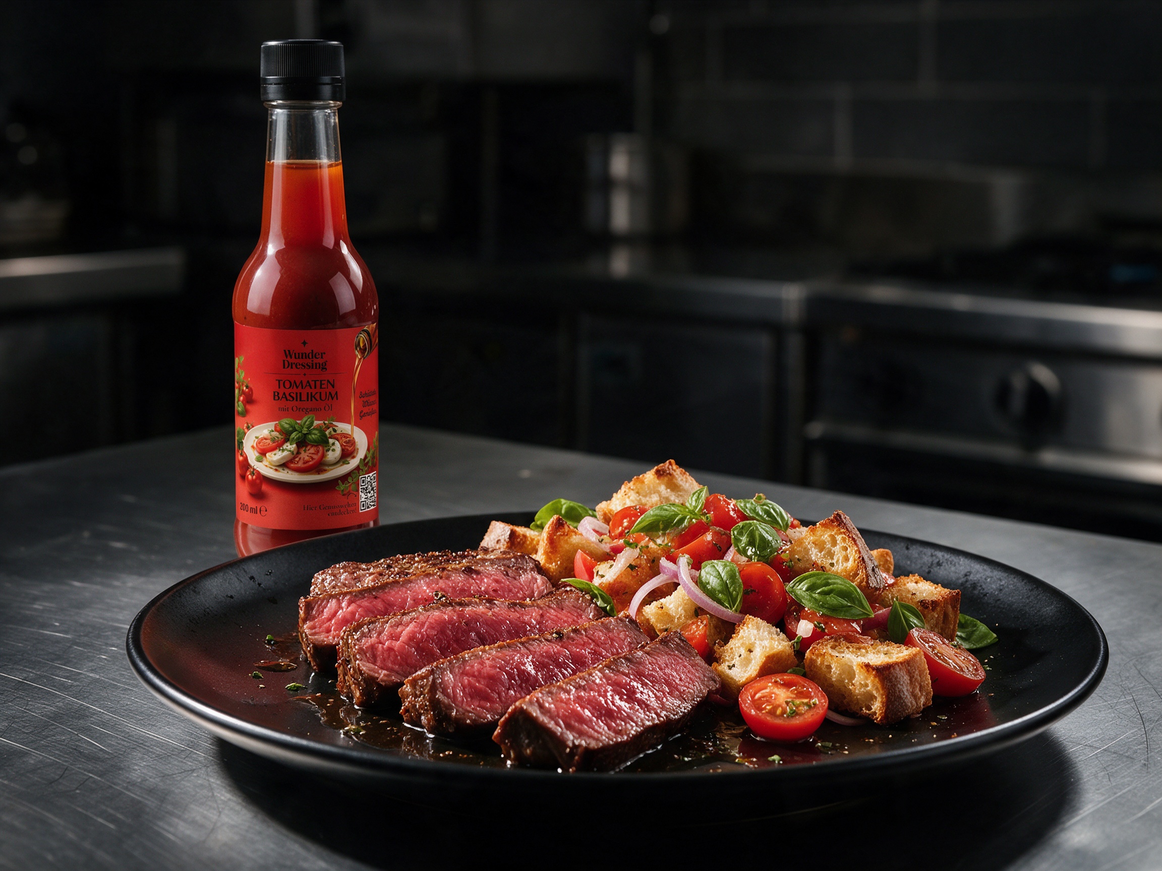 Rindersteak mit Tomaten-Brot-Salat – serviert mit Wunder Dressing Tomaten-Basilikum