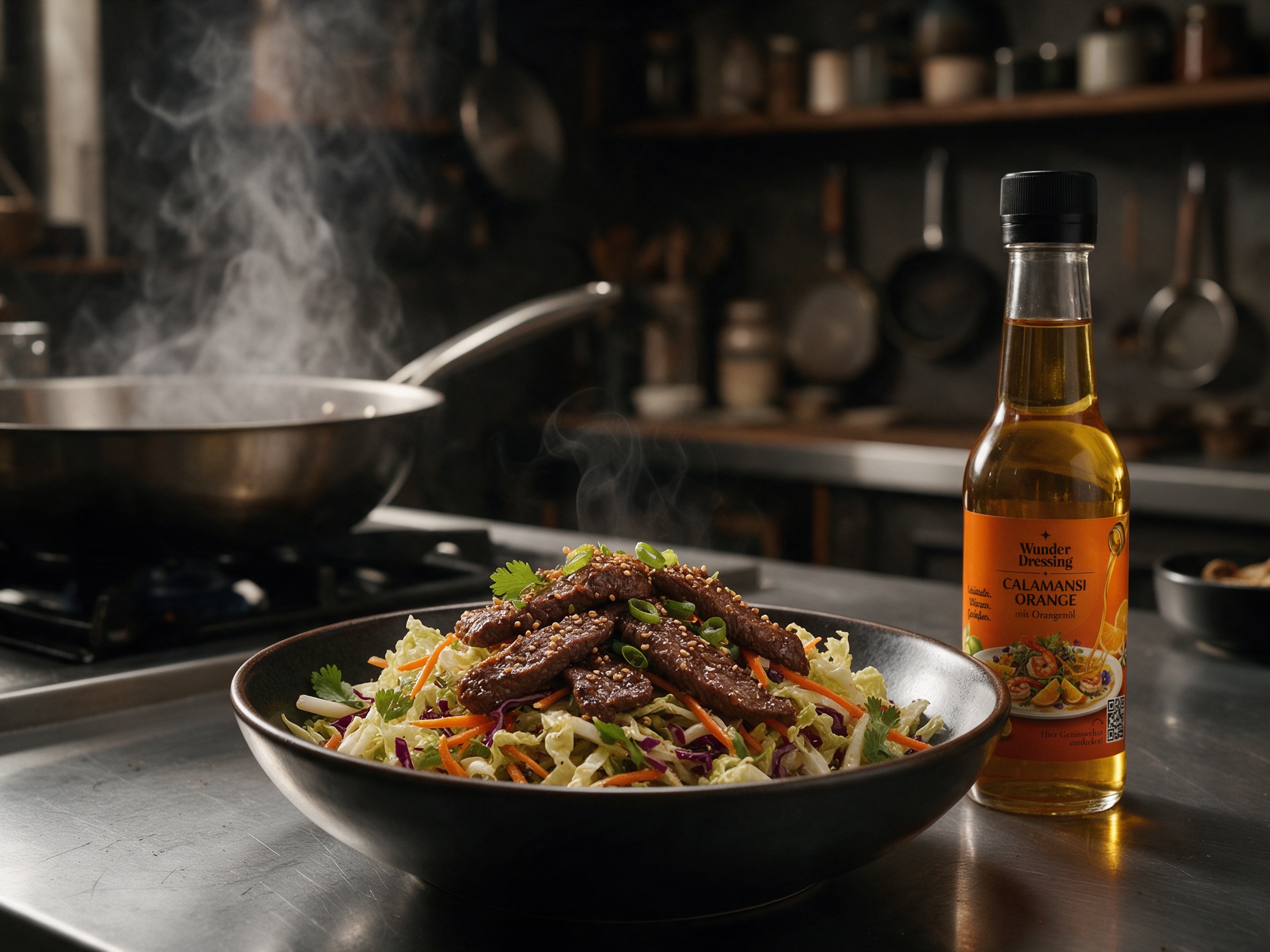 Rindfleischstreifen auf Asia-Krautsalat – serviert mit Wunder Dressing Calamansi Orange