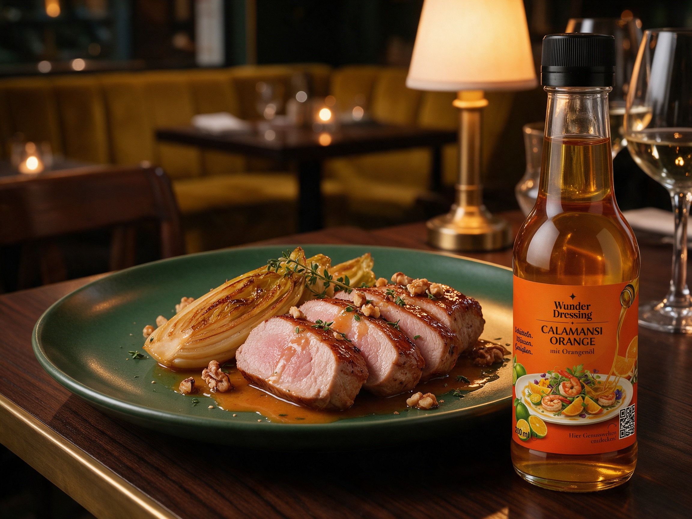 Schweinefilet mit karamellisiertem Chicorée – serviert mit Wunder Dressing Calamansi Orange