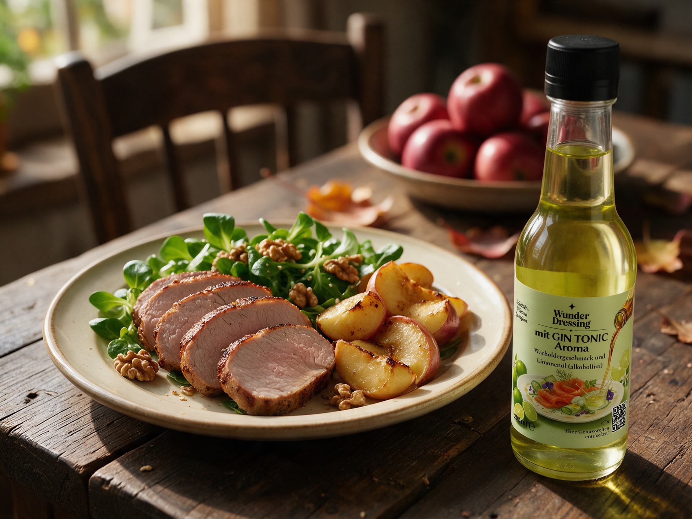 Schweinefilet mit karamellisierten Äpfeln und Feldsalat – serviert mit Wunderdressing mit GIN TONIC Aroma