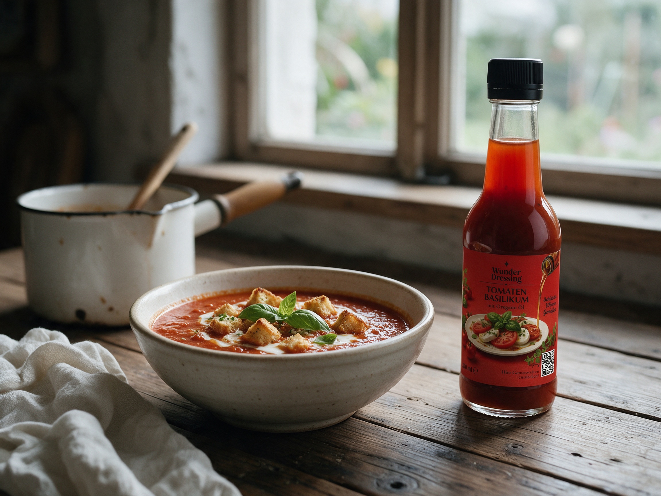 Tomaten-Brotsuppe mit Basilikum-Croûtons – serviert mit Wunder Dressing Tomaten-Basilikum