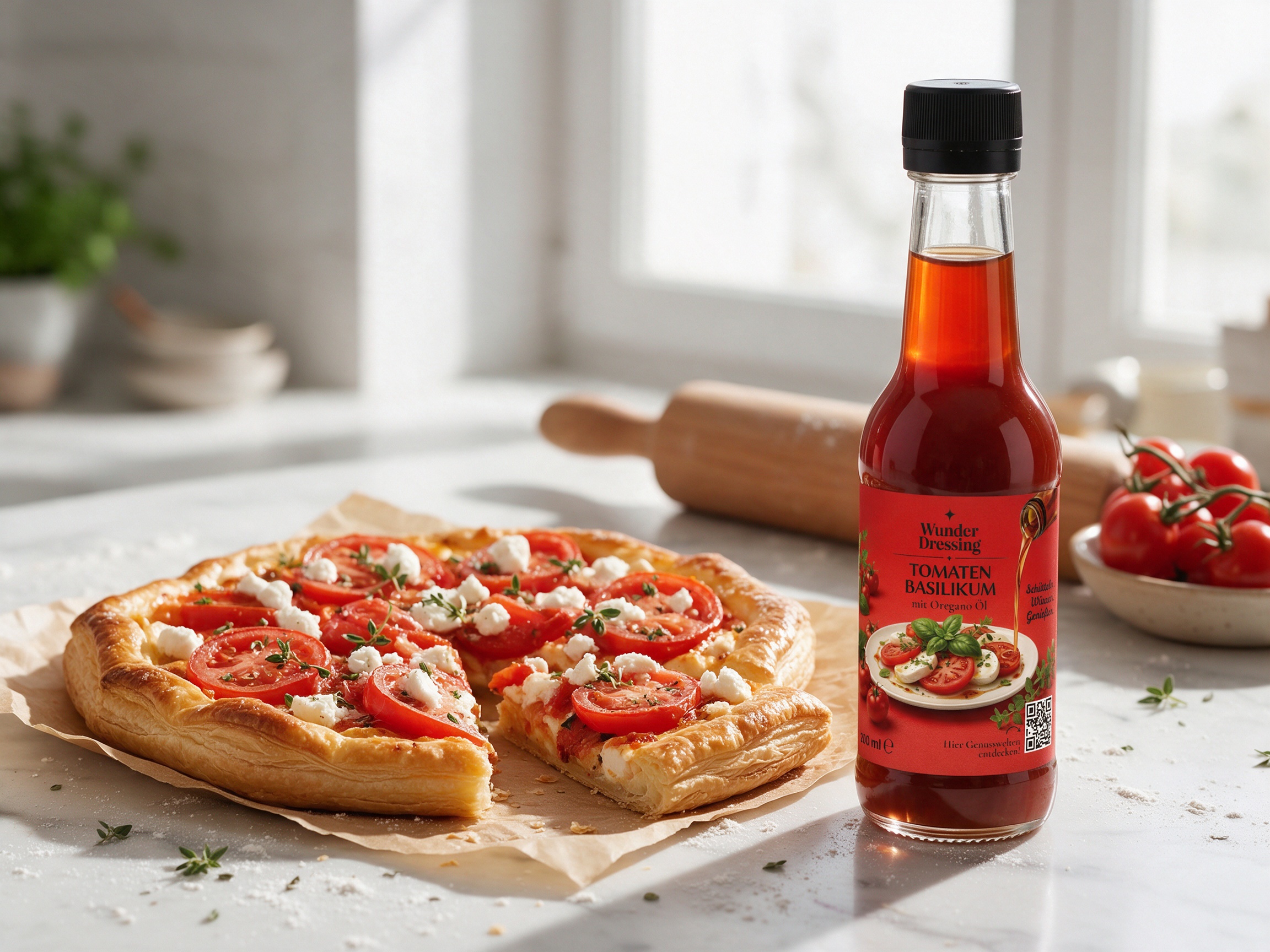 Tomaten-Ziegenkäse-Tarte – serviert mit Wunder Dressing Tomaten-Basilikum