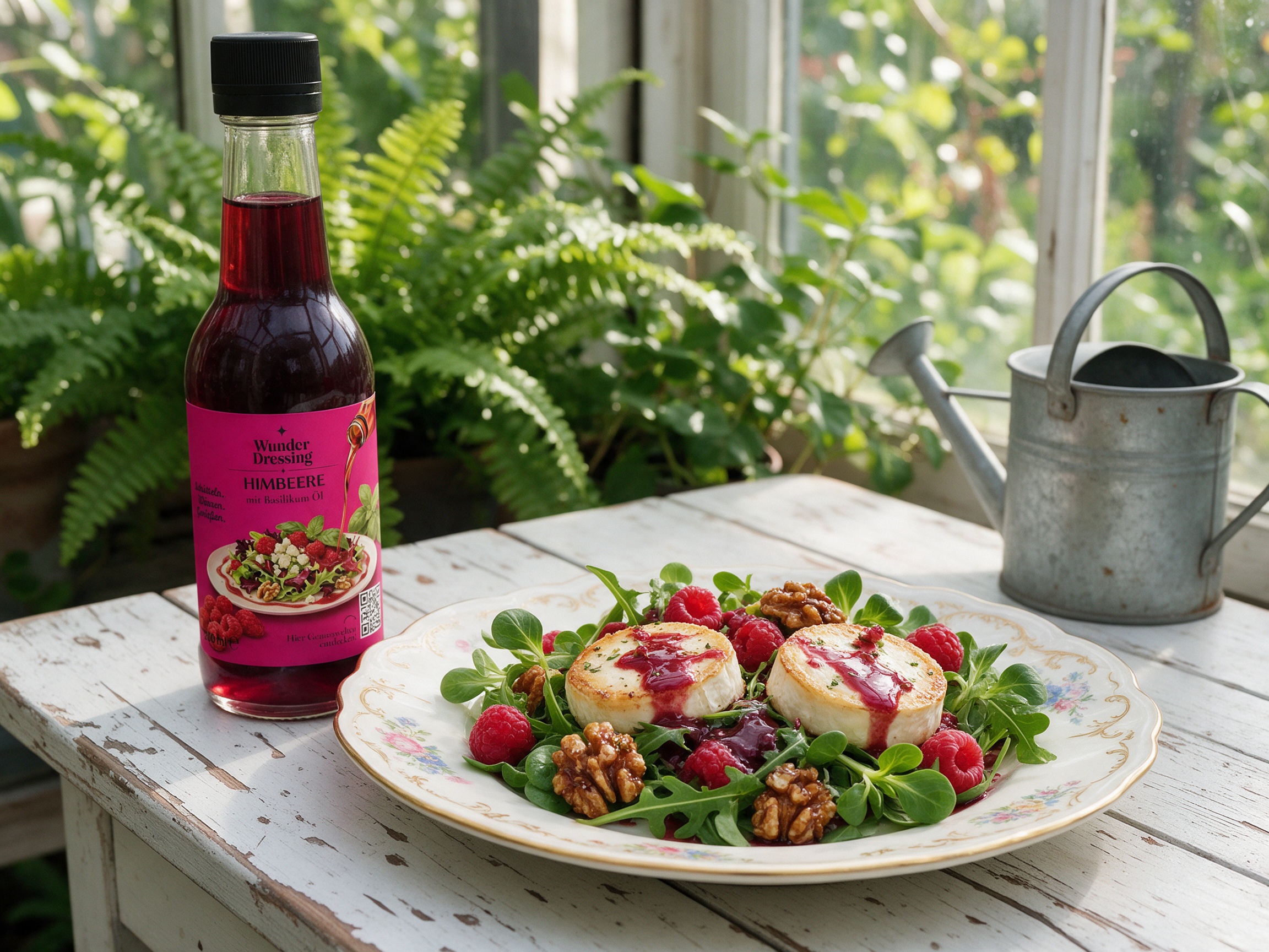 Ziegenkäse-Taler mit Himbeeren und karamellisierten Walnüssen – serviert mit Wunder Dressing Himbeere-Basilikum