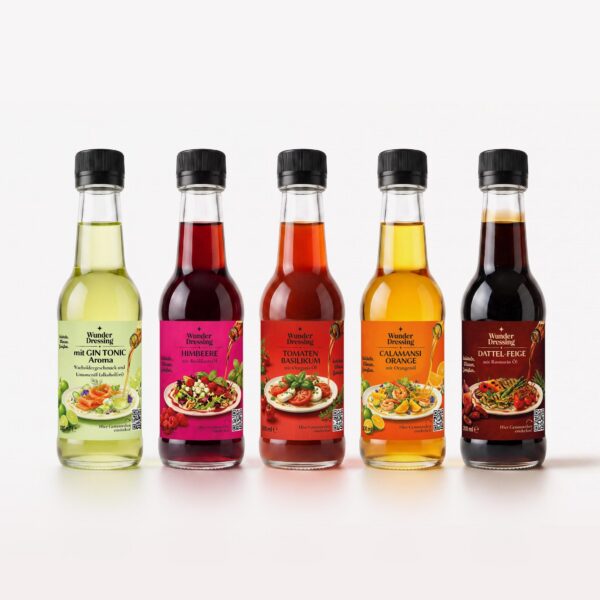 Wunderdressing Set: alle fünf Sorten nebeneinander, je 200 ml